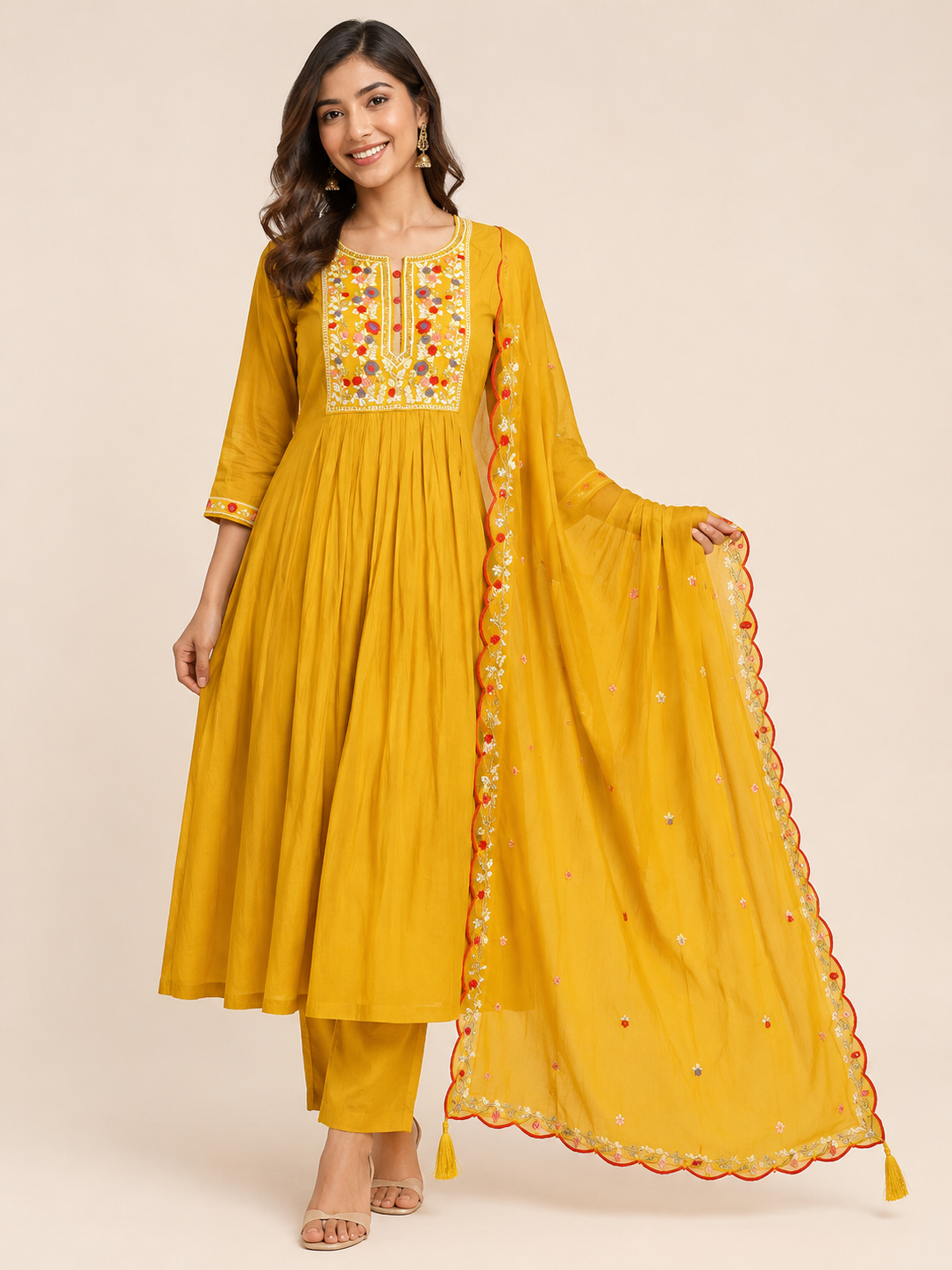 Women's Elegant Mustard Yellow Embroidered Chanderi  3-Piece Kurti Set