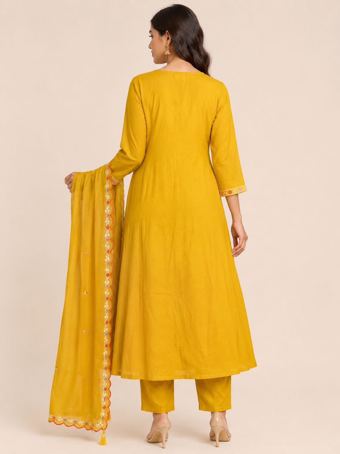 Women's Elegant Mustard Yellow Embroidered Chanderi  3-Piece Kurti Set