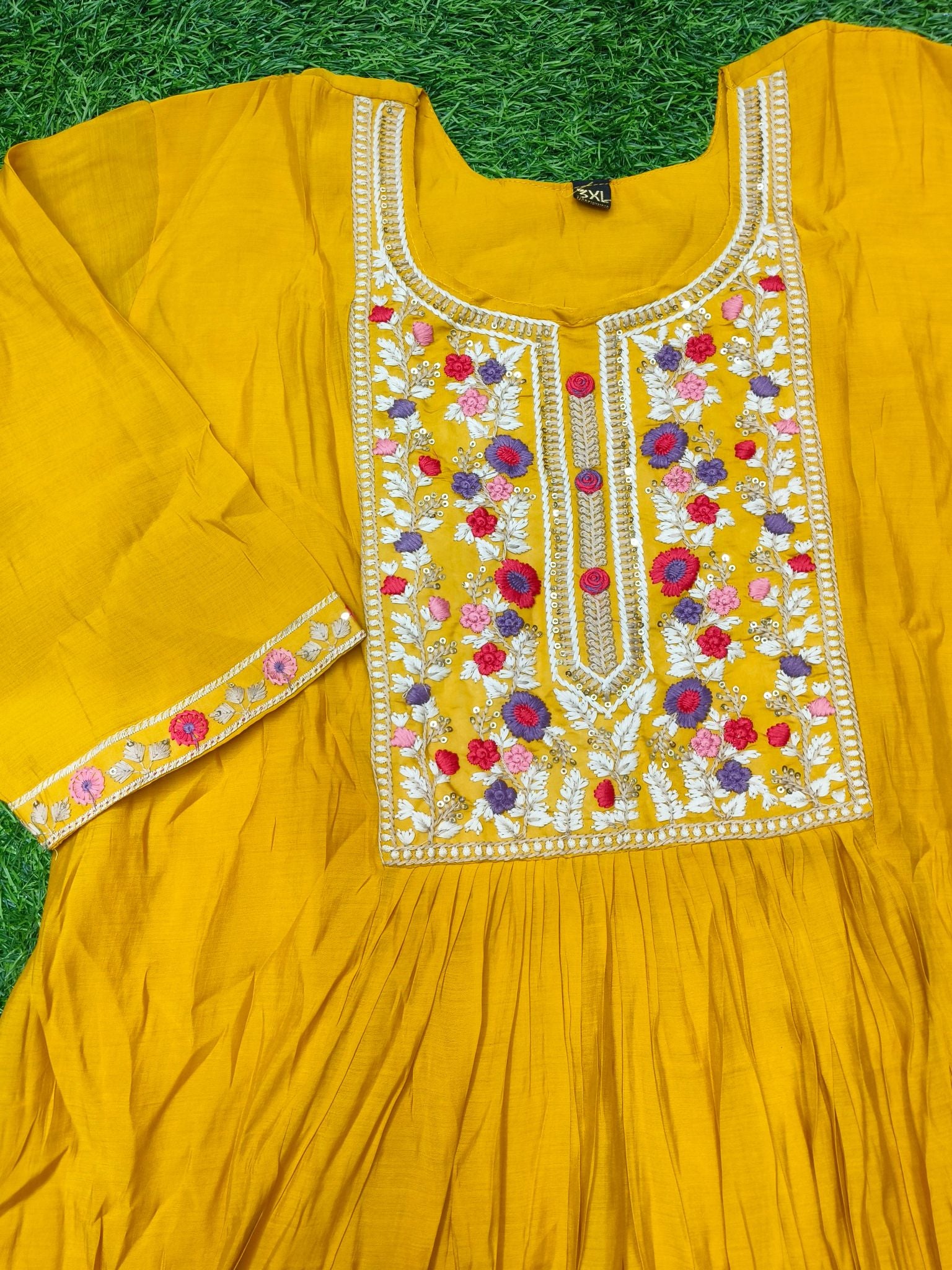 Women's Elegant Mustard Yellow Embroidered Chanderi  3-Piece Kurti Set