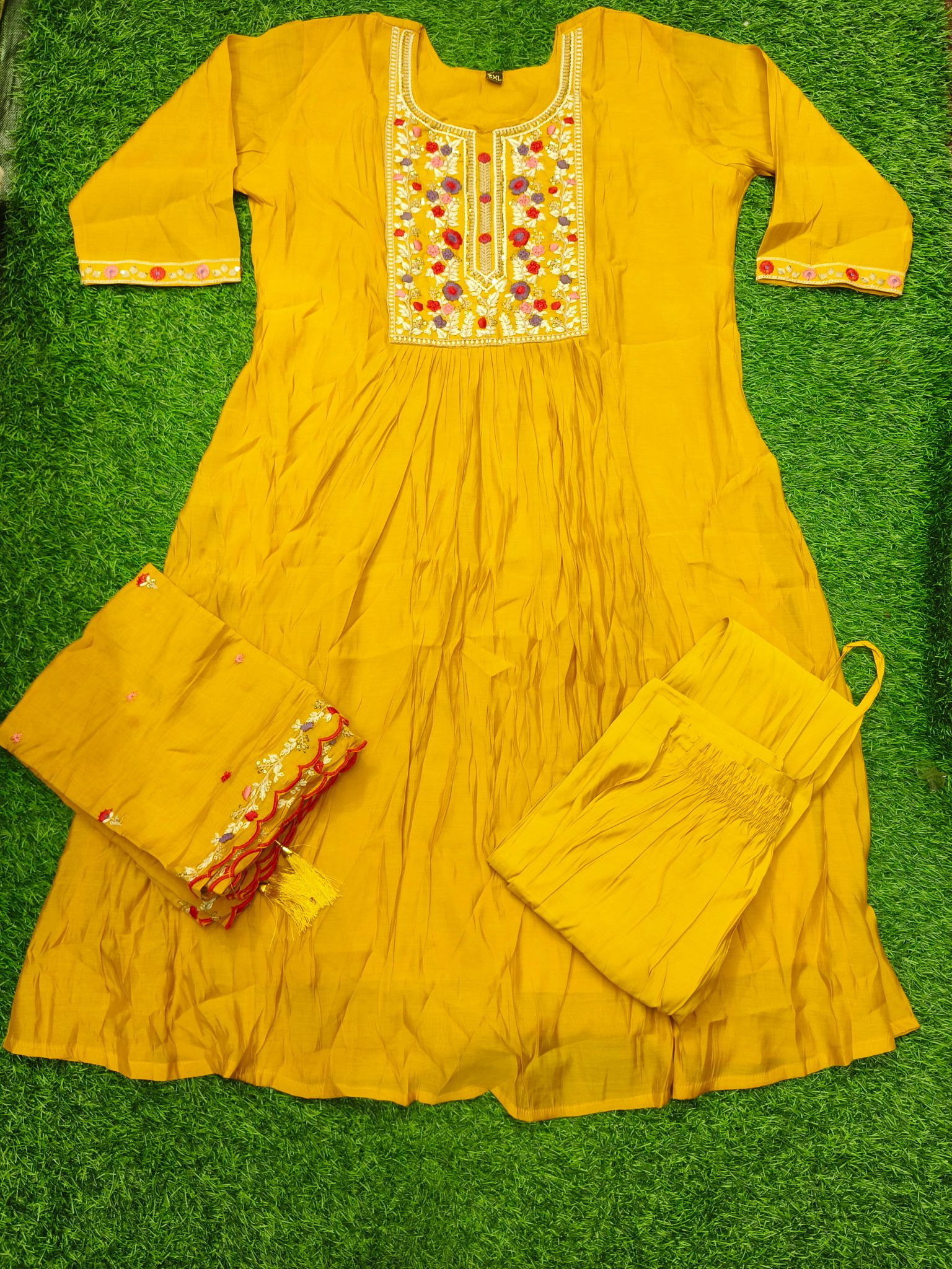 Women's Elegant Mustard Yellow Embroidered Chanderi  3-Piece Kurti Set