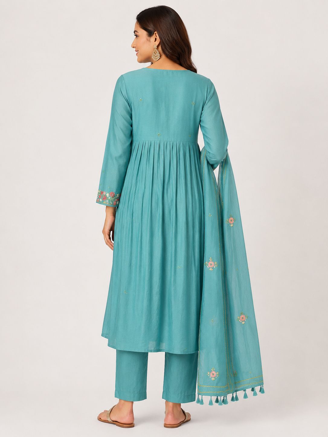 Women's Traditional Green Mall Chanderi 3-Piece Kurti Set