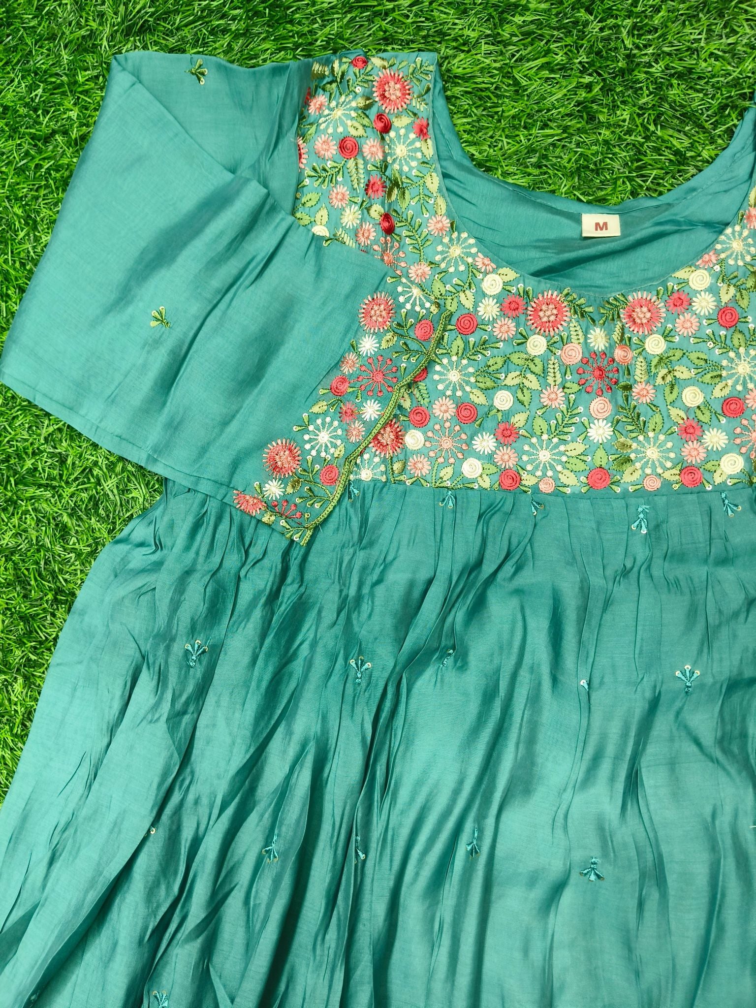 Women's Traditional Green Mall Chanderi 3-Piece Kurti Set