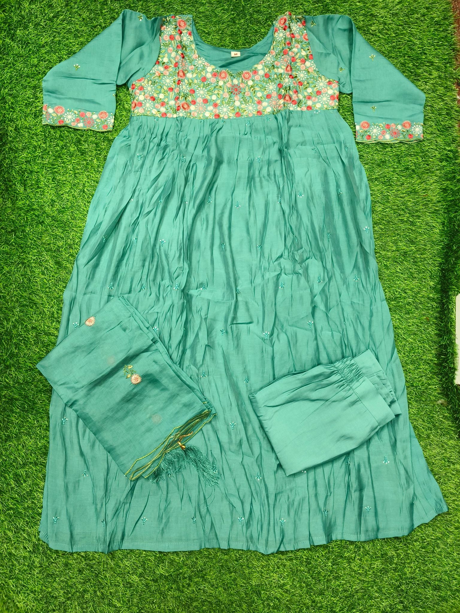Women's Traditional Green Mall Chanderi 3-Piece Kurti Set