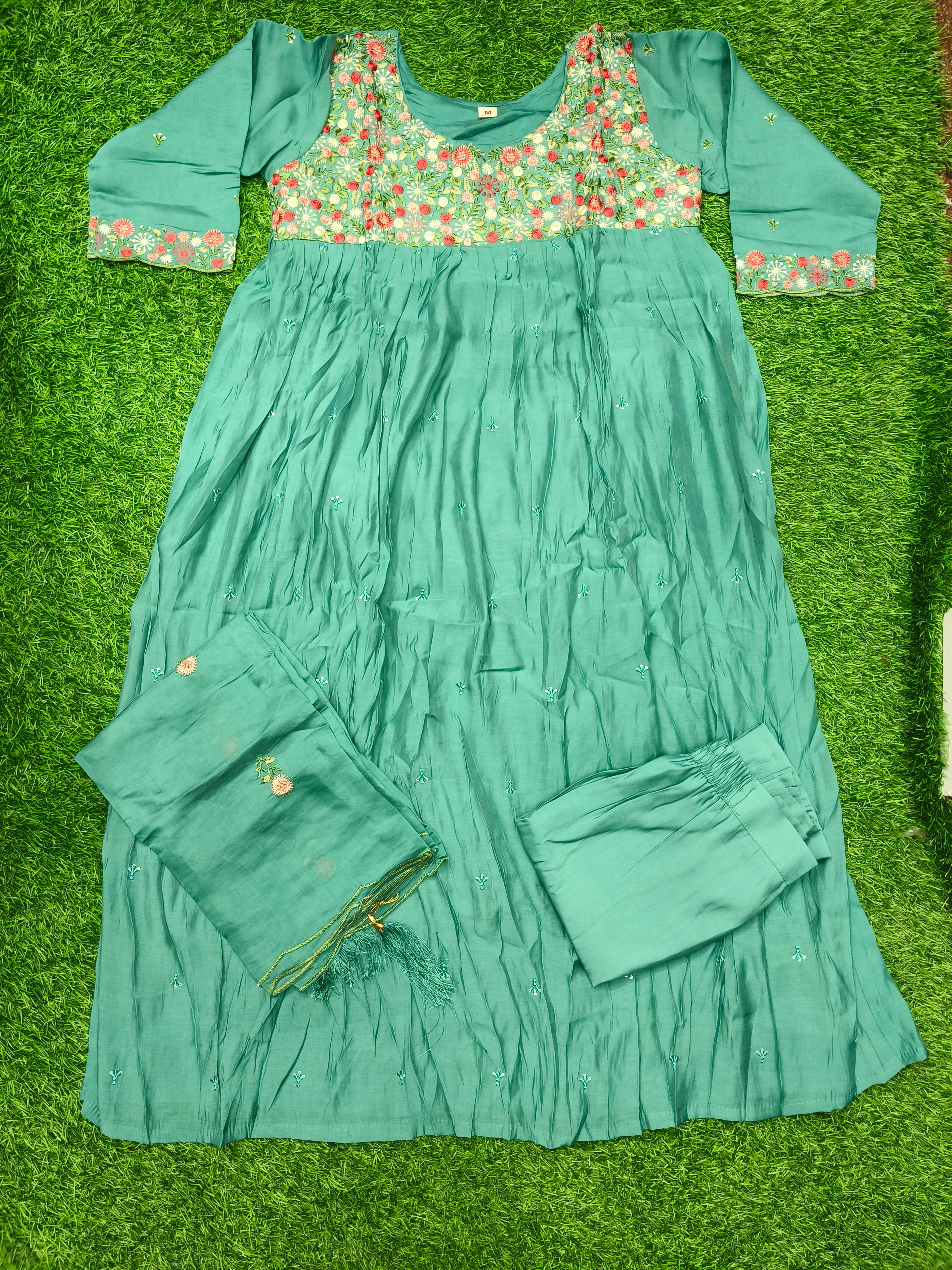 Women's Traditional Green Mall Chanderi 3-Piece Kurti Set
