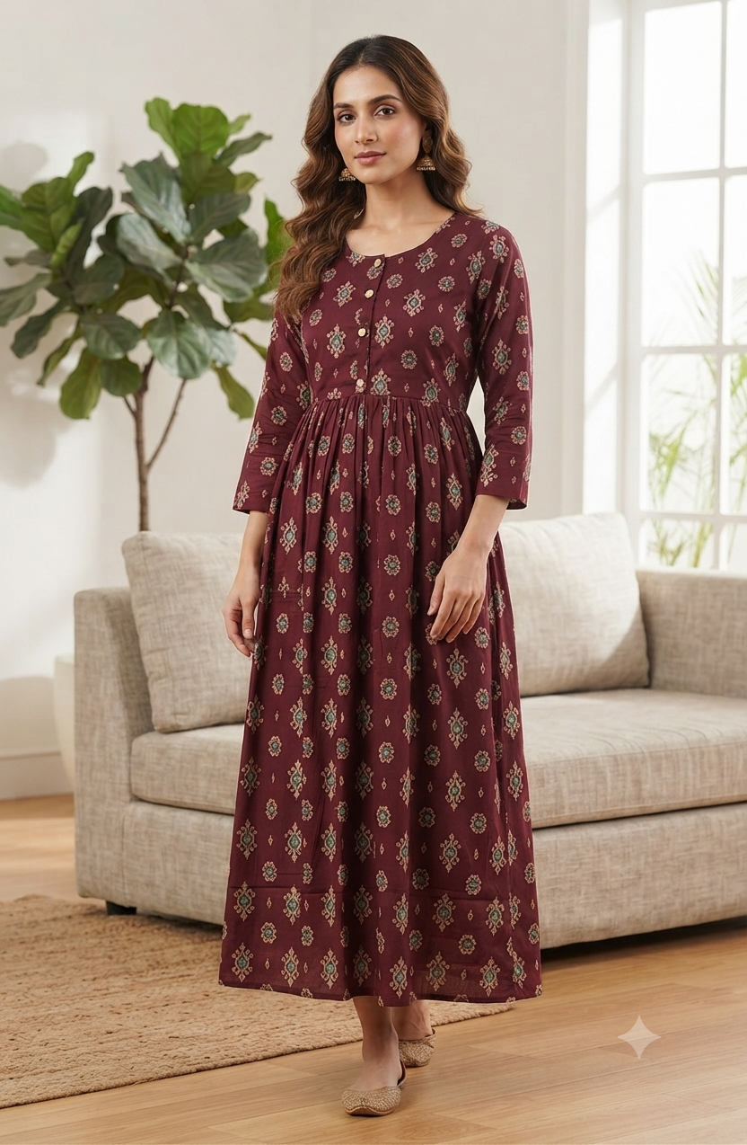 Elegant Purple Printed Single Piece Kurti with Front Buttons and Waist Tie