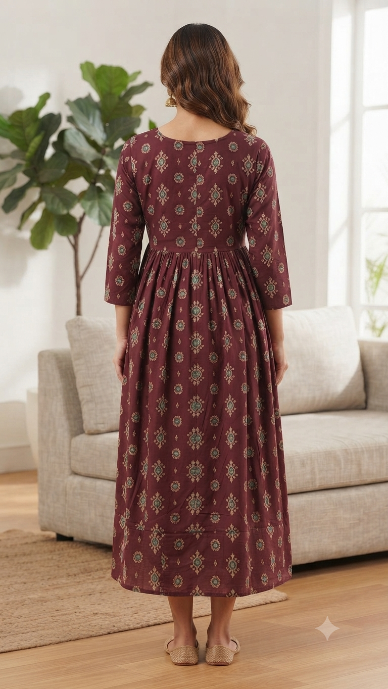 Elegant Purple Printed Single Piece Kurti with Front Buttons and Waist Tie