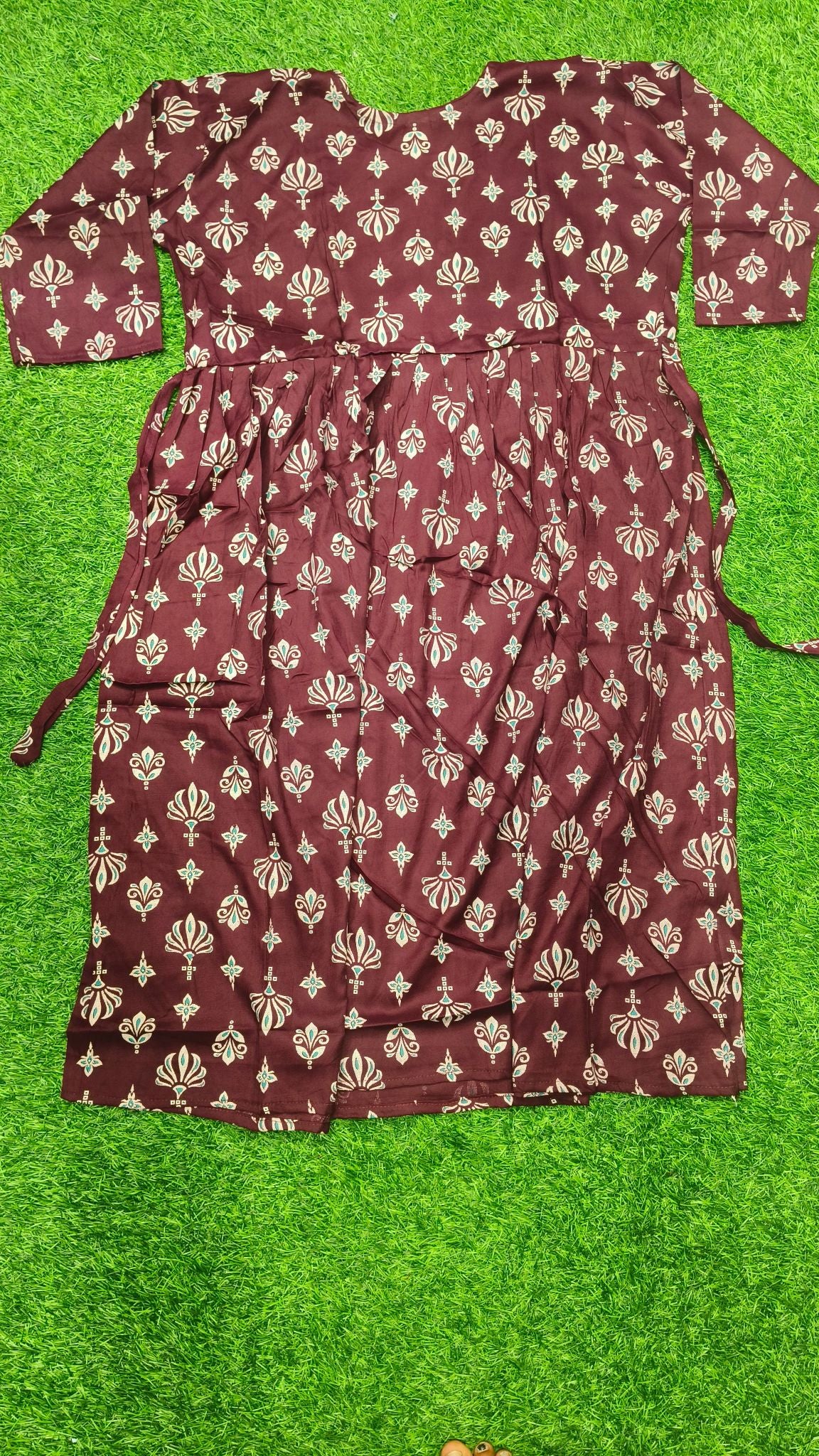 Elegant Purple Printed Single Piece Kurti with Front Buttons and Waist Tie