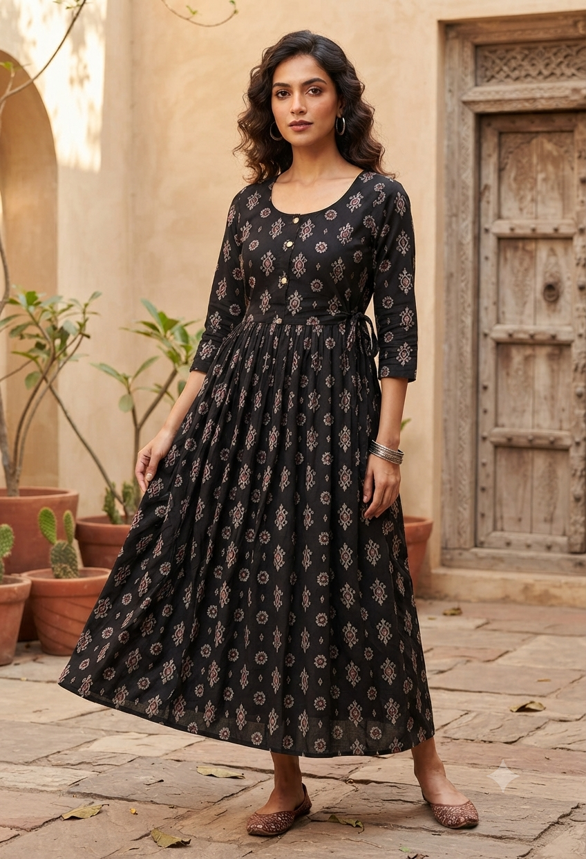 Elegant black Printed Single Piece Kurti with Front Buttons and Waist Tie