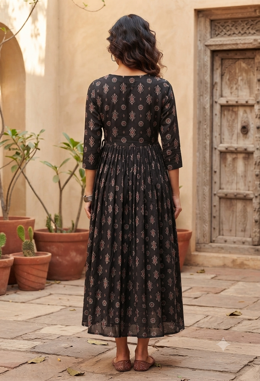 Elegant black Printed Single Piece Kurti with Front Buttons and Waist Tie
