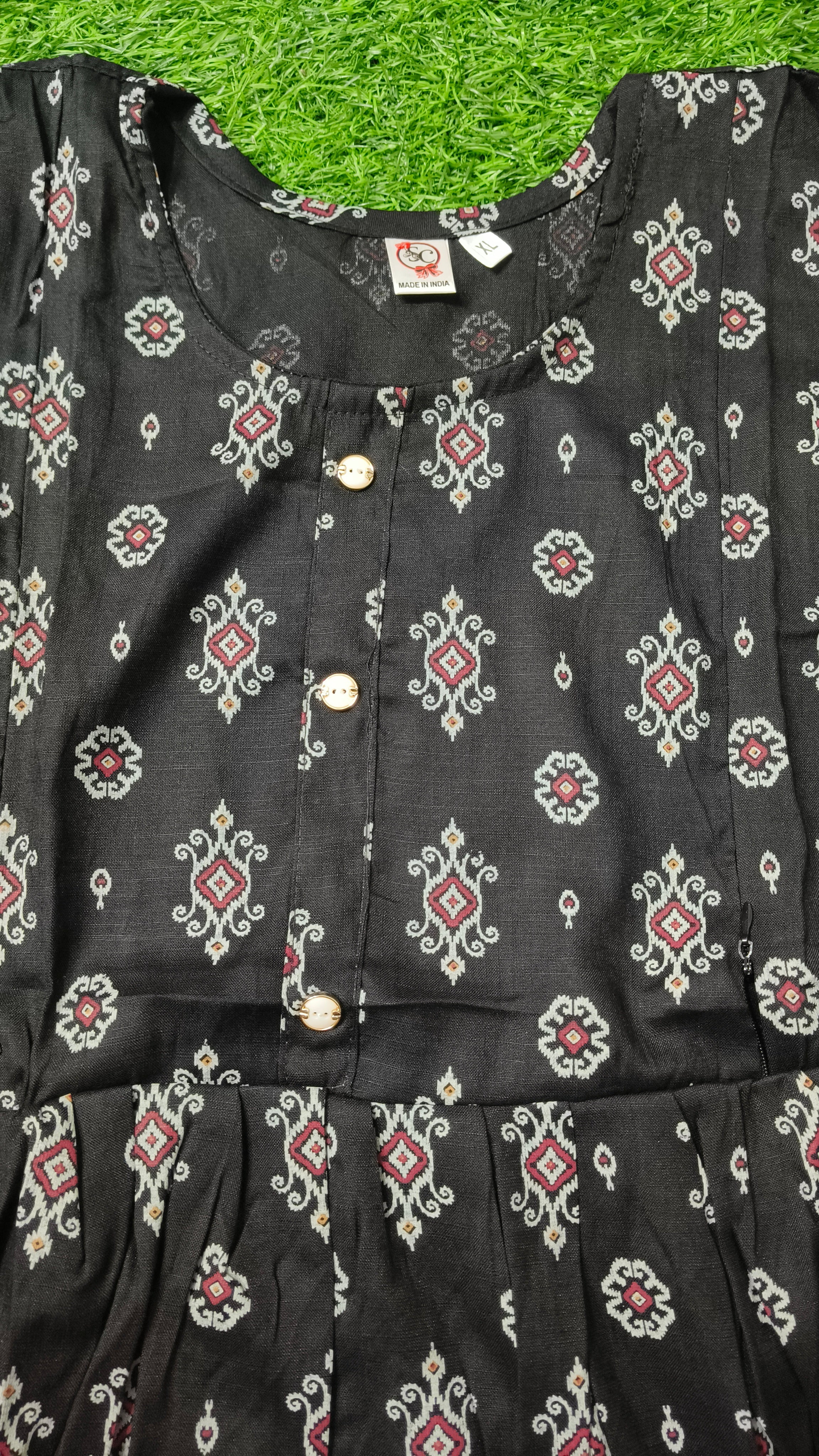 Elegant black Printed Single Piece Kurti with Front Buttons and Waist Tie
