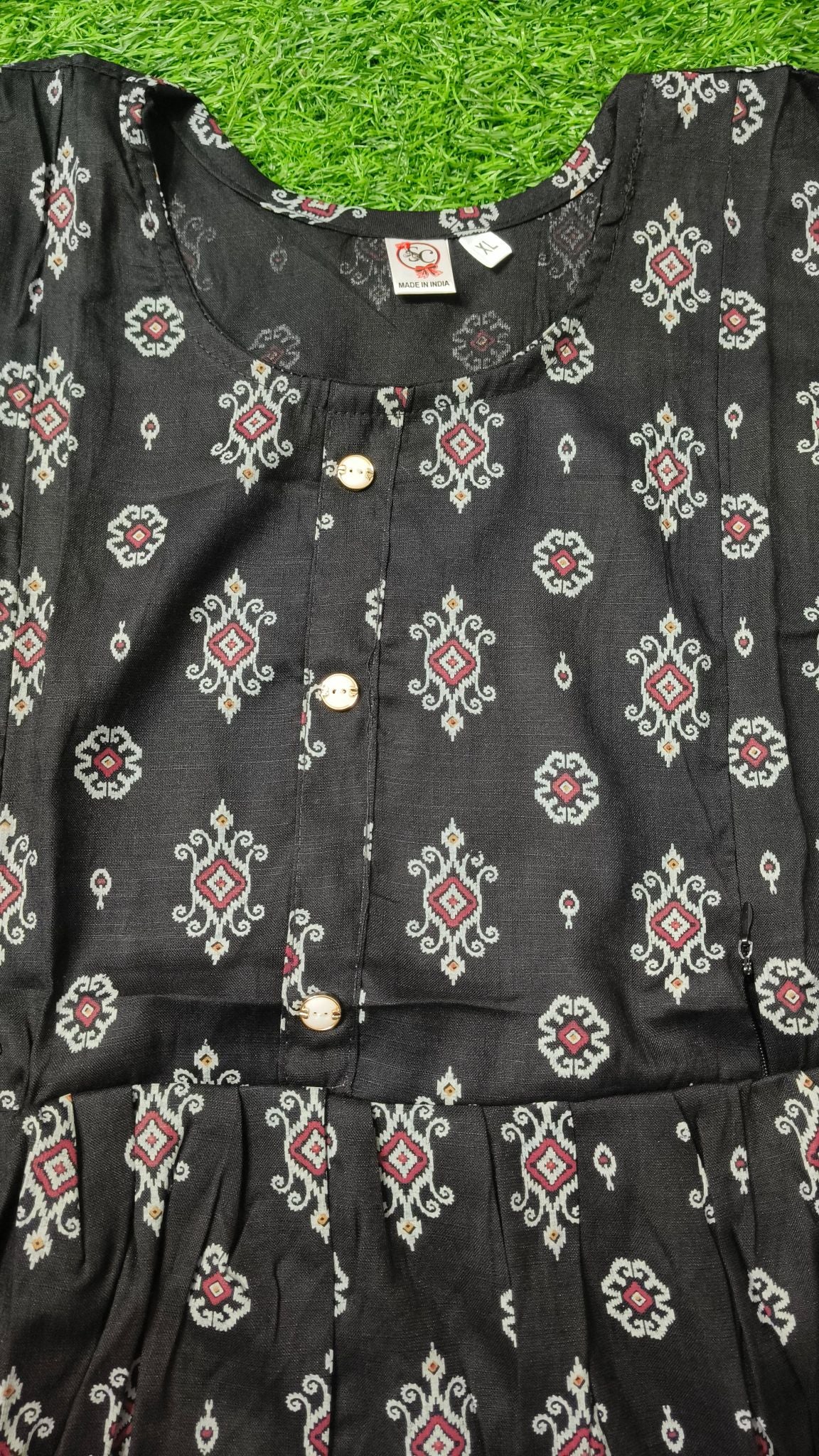 Elegant black Printed Single Piece Kurti with Front Buttons and Waist Tie