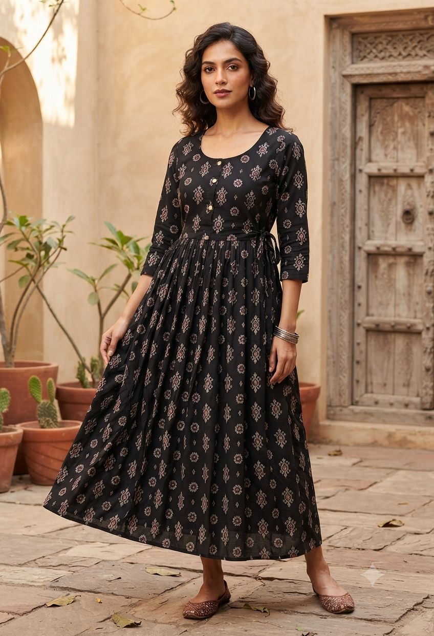 Elegant black Printed Single Piece Kurti with Front Buttons and Waist Tie