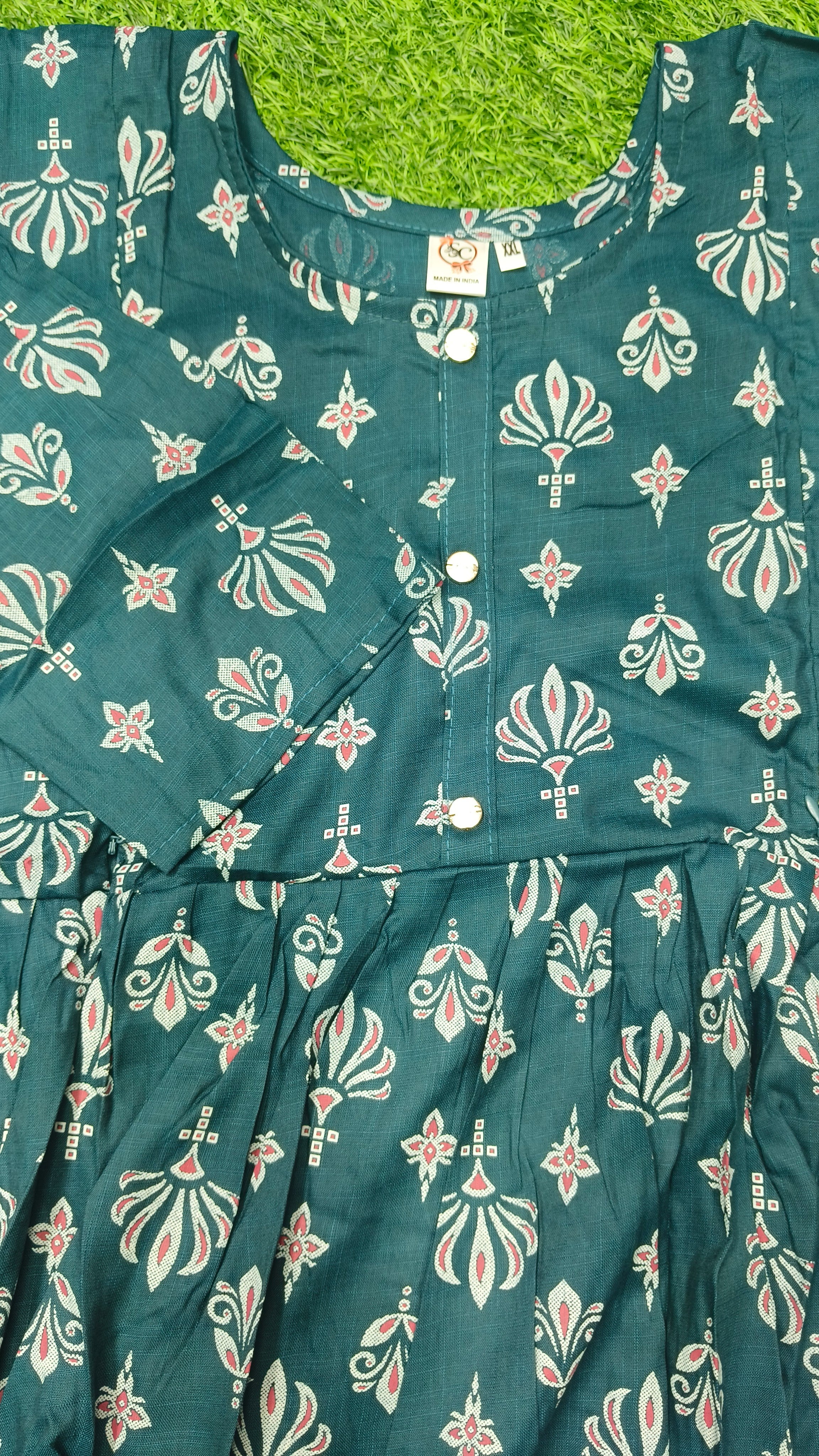 Elegant Teal green and White/Off-White Printed Single Piece Kurti with Front Buttons and Waist Tie