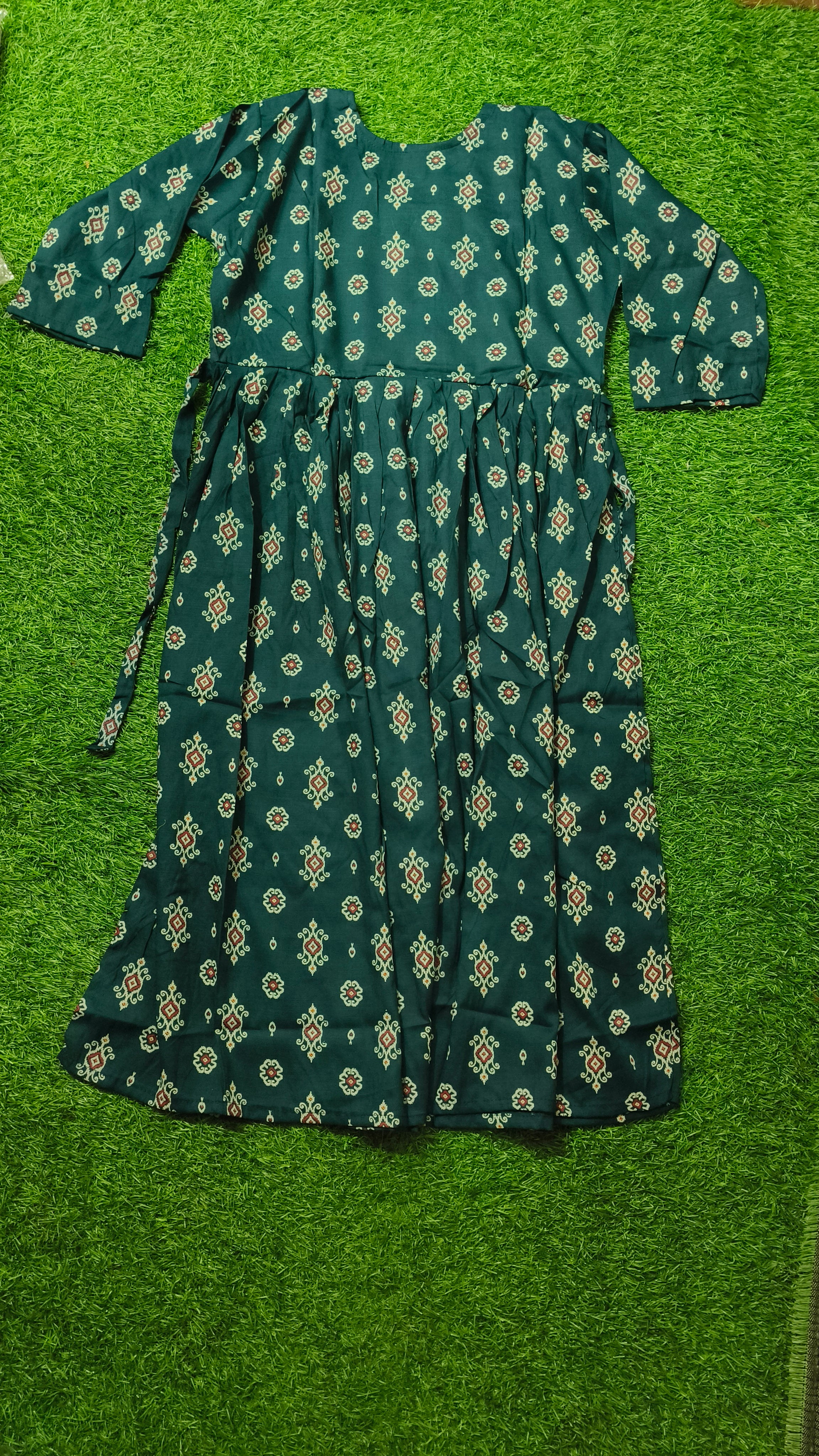 Elegant Teal green Printed Single Piece Kurti with Front Buttons and Waist Tie