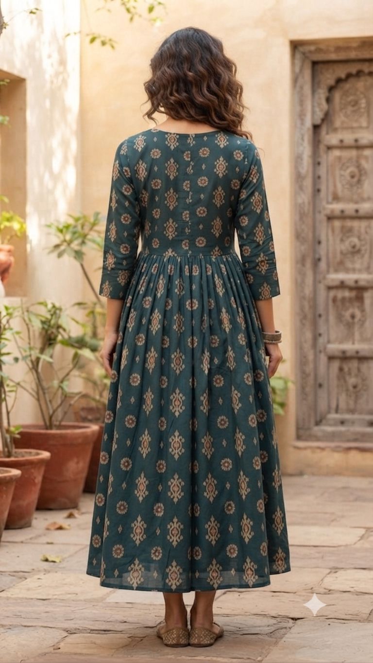 Elegant Teal green and White/Off-White Printed Single Piece Kurti with Front Buttons and Waist Tie