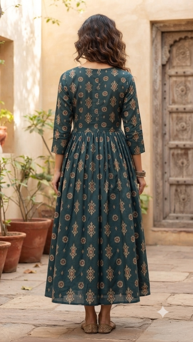 Heavy Two-Tone Print Green & white Rayon Feeding Kurti with Adjustable Waist Tie