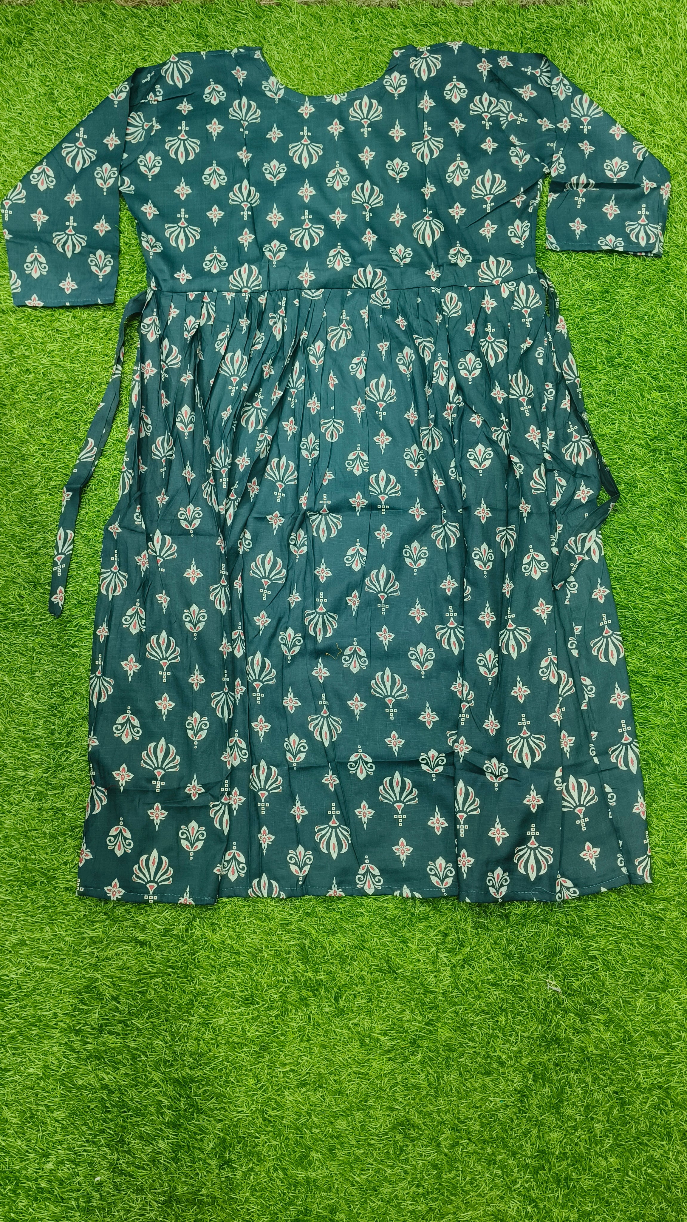 Elegant Teal green and White/Off-White Printed Single Piece Kurti with Front Buttons and Waist Tie