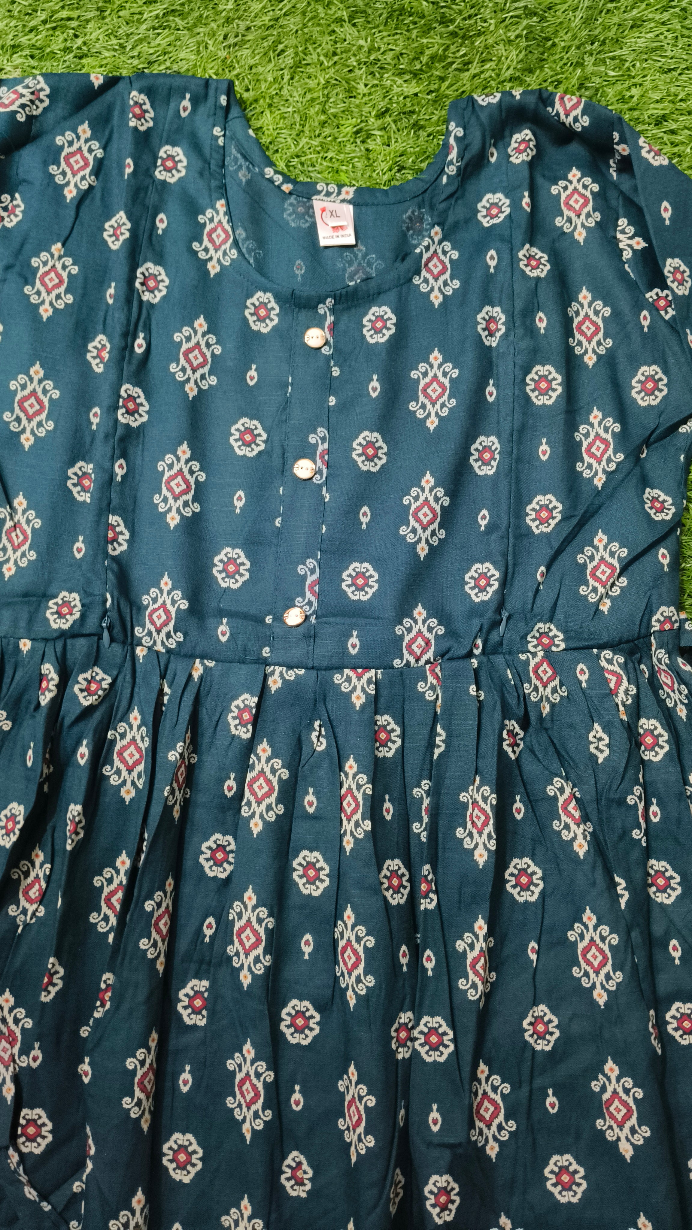 Elegant Teal green Printed Single Piece Kurti with Front Buttons and Waist Tie