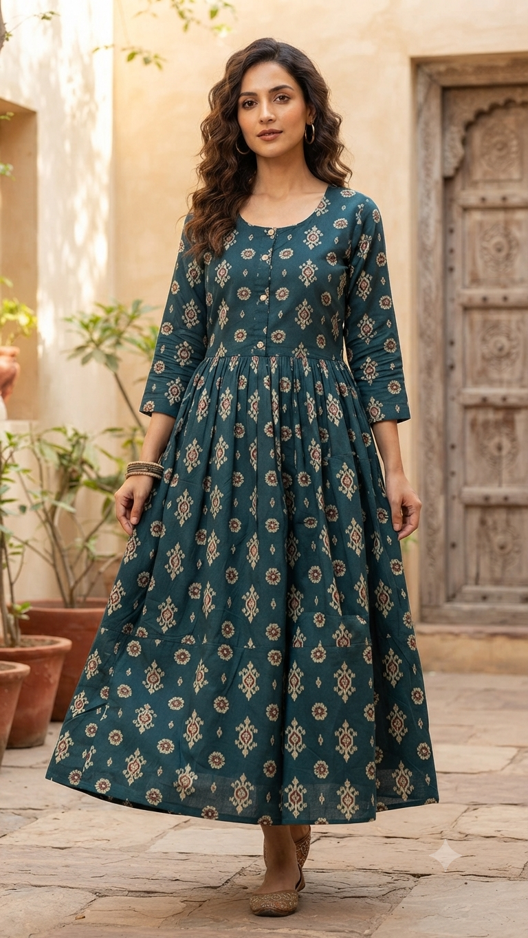 Heavy Two-Tone Print Green & white Rayon Feeding Kurti with Adjustable Waist Tie