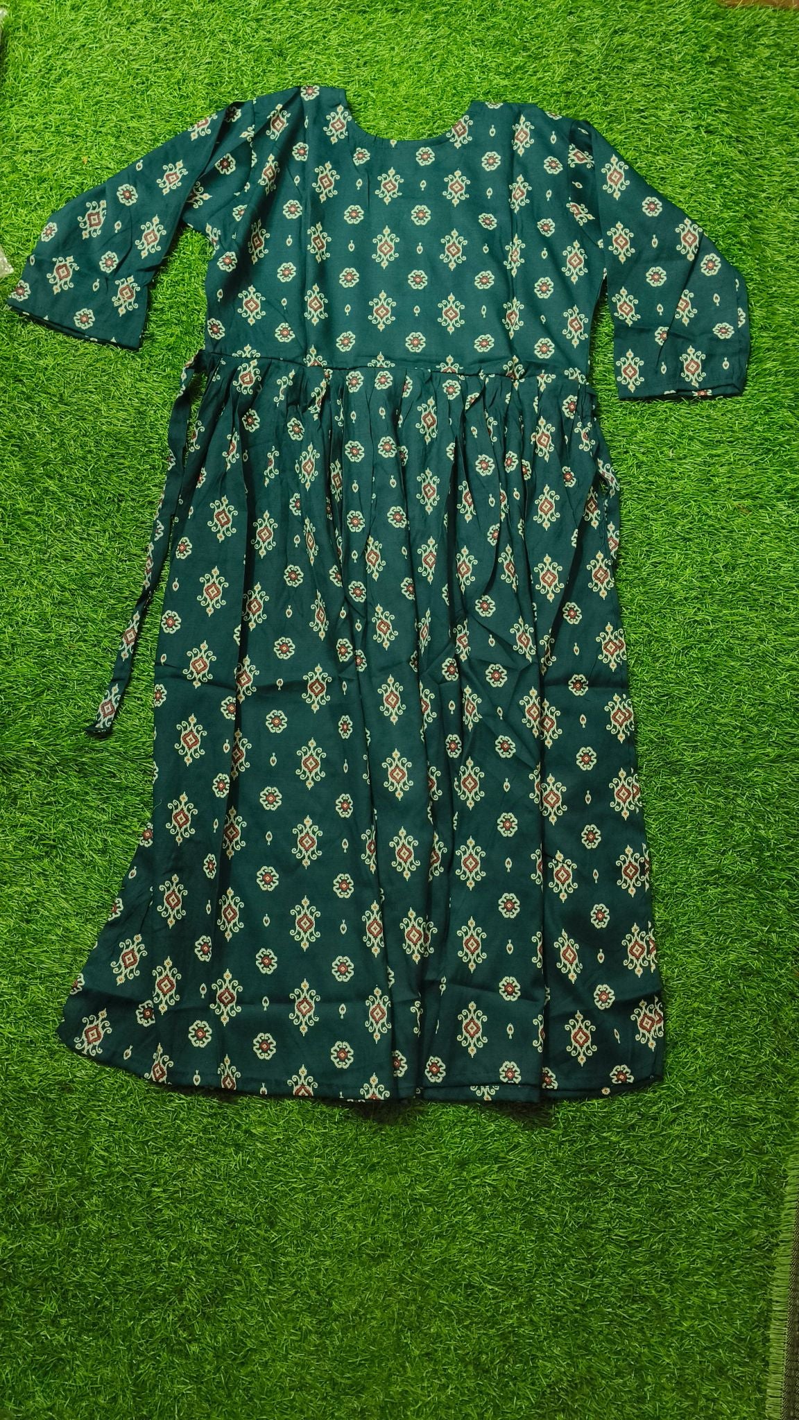 Elegant Teal green and White/Off-White Printed Single Piece Kurti with Front Buttons and Waist Tie