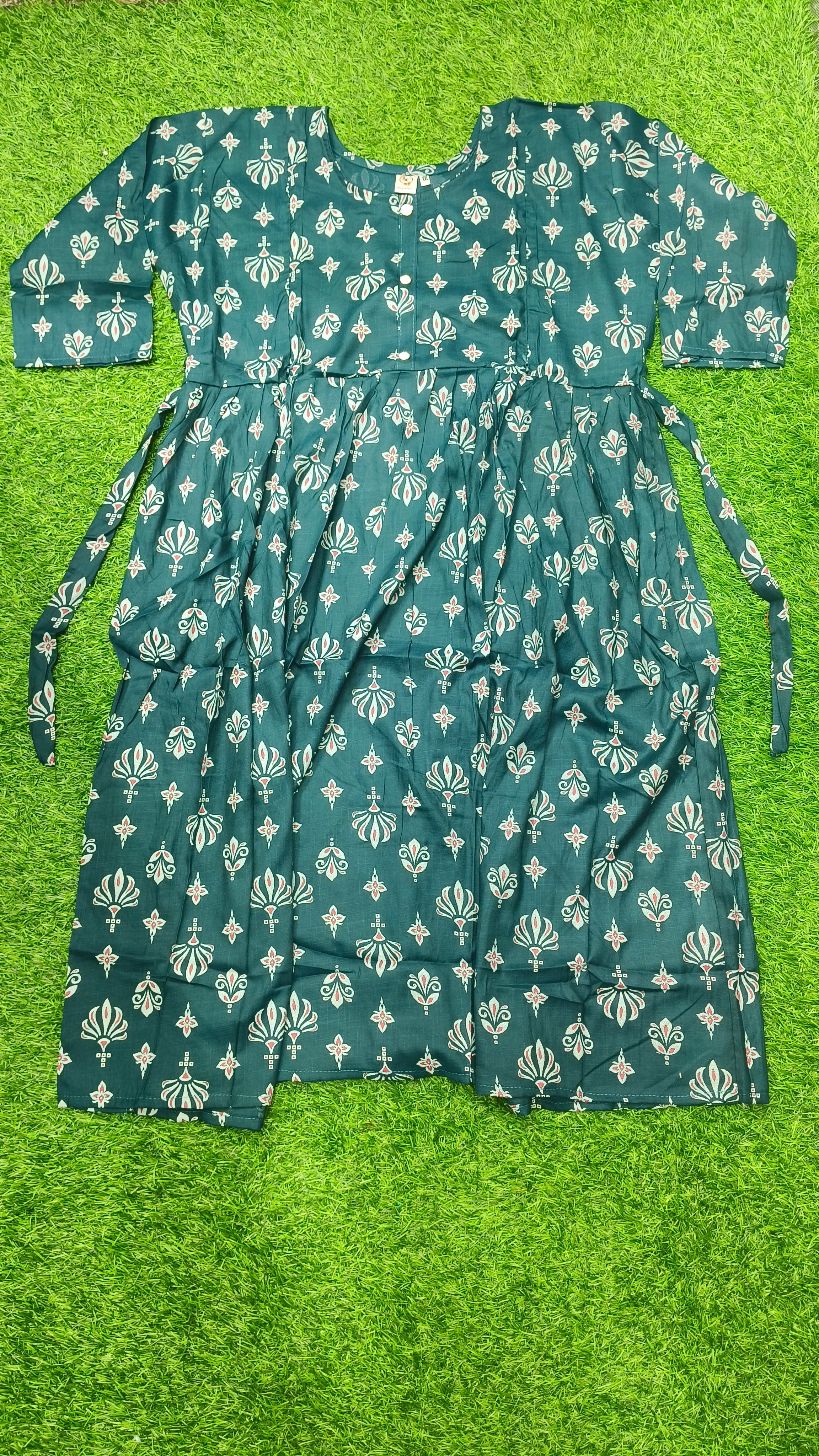 Elegant Teal green Printed Single Piece Kurti with Front Buttons and Waist Tie