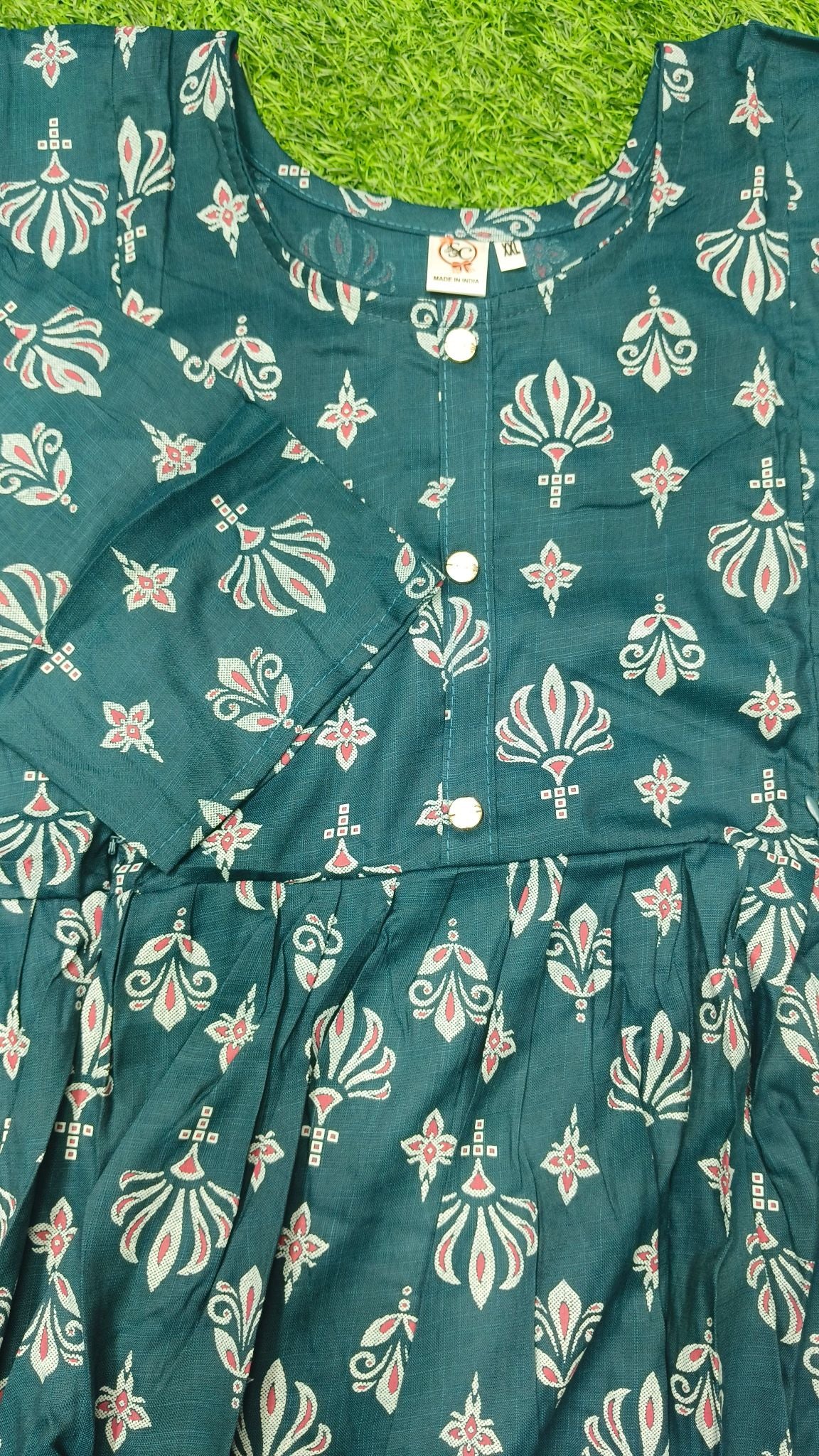 Heavy Two-Tone Print Green & white Rayon Feeding Kurti with Adjustable Waist Tie
