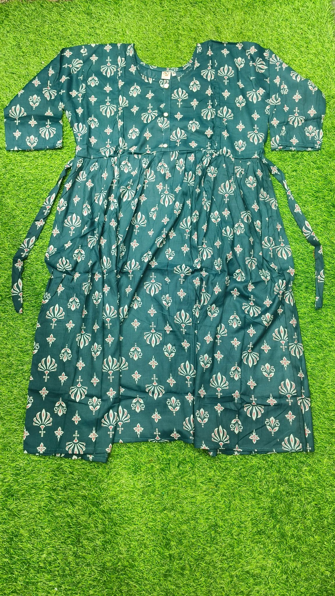Elegant Teal green Printed Single Piece Kurti with Front Buttons and Waist Tie