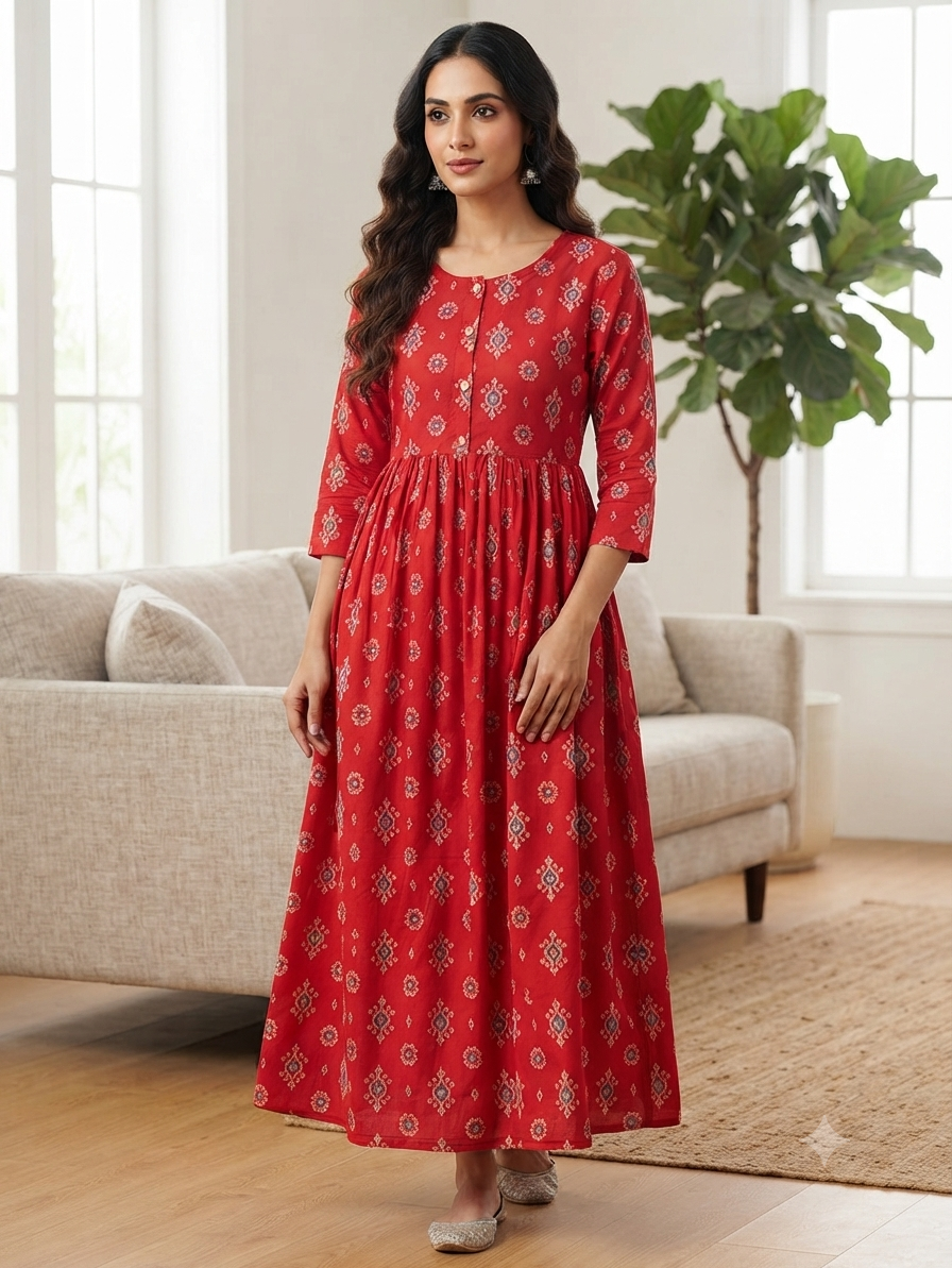 Heavy Two-Tone Print Rose and cream Rayon Feeding Kurti with Adjustable Waist Tie