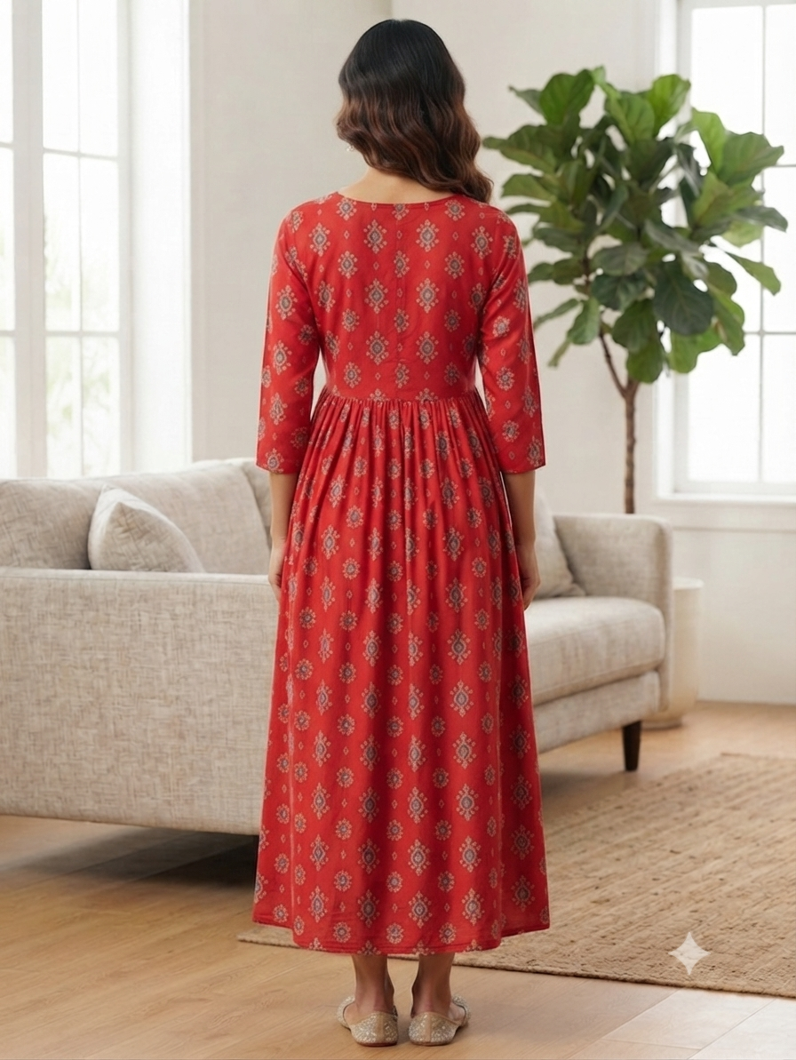 Heavy Two-Tone Print Rose and cream Rayon Feeding Kurti with Adjustable Waist Tie