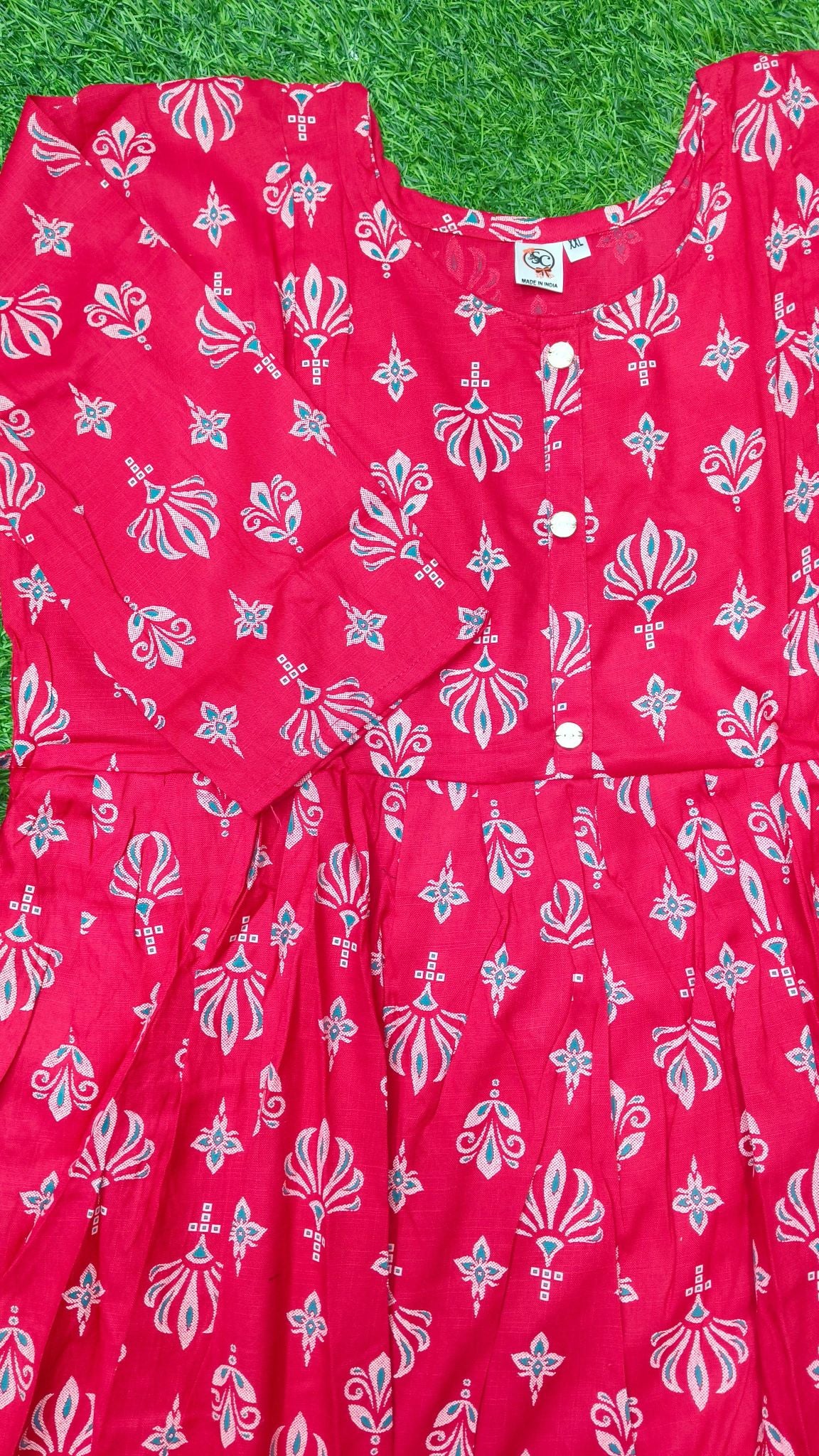 Heavy Two-Tone Print Rose and cream Rayon Feeding Kurti with Adjustable Waist Tie