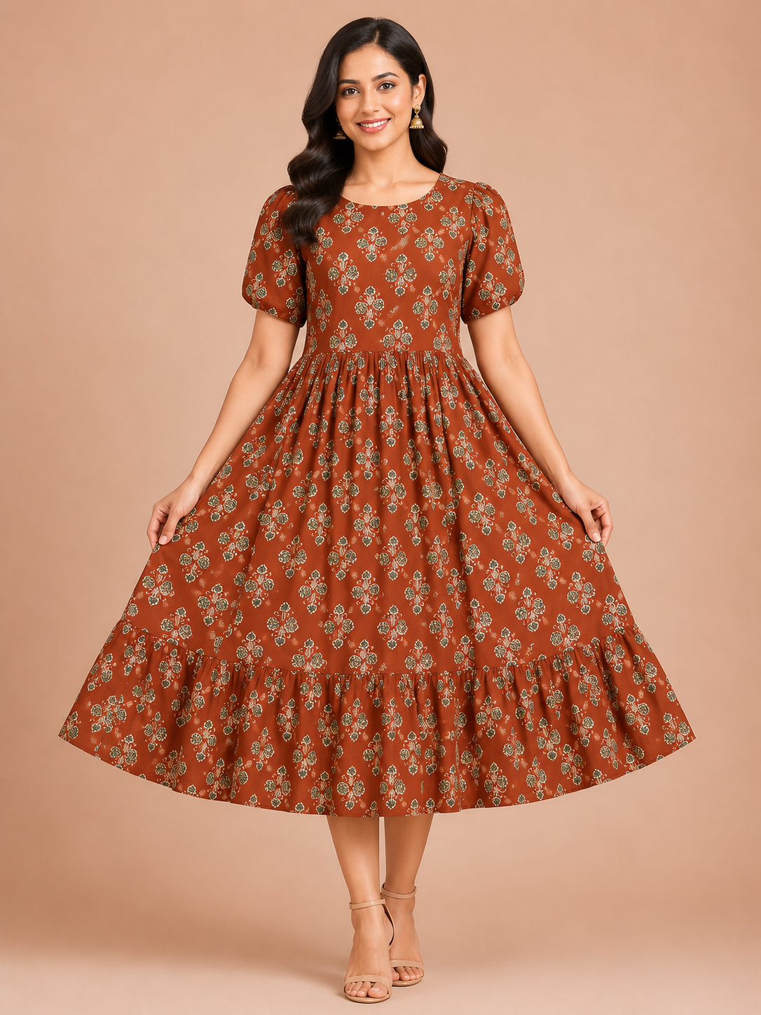 Women's Brown/Maroon Round Neck Umbrella Top with Paisley Print and 3/4 Sleeves