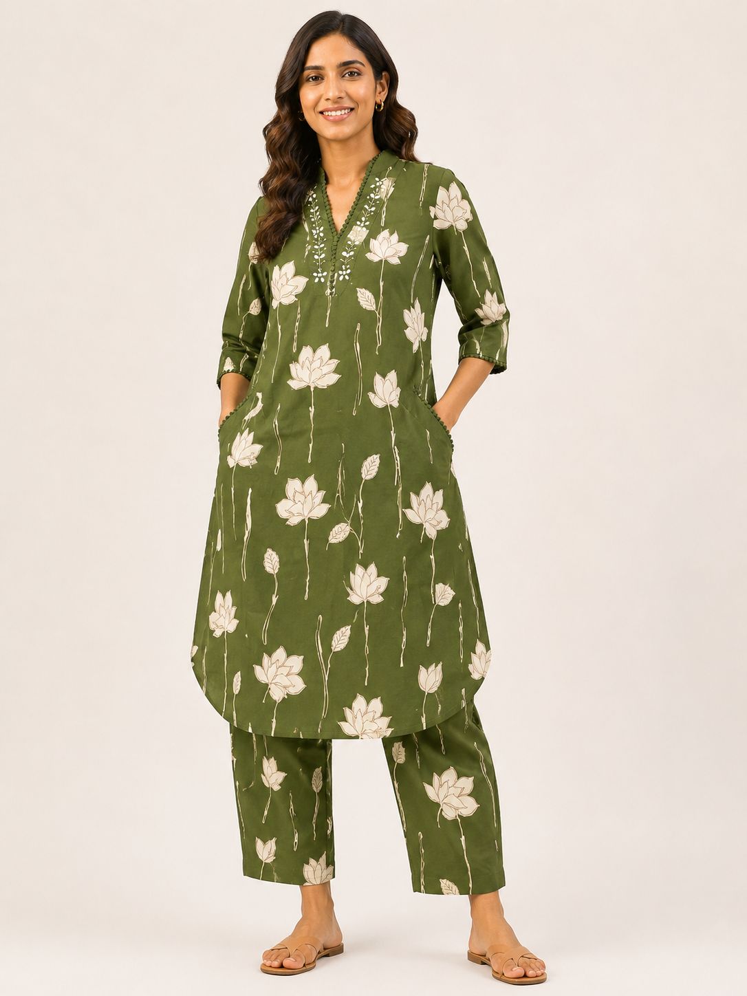 Women's Olive Green 3/4 Sleeve 2-Piece Kurti with Sequin Embroidered V-Neck