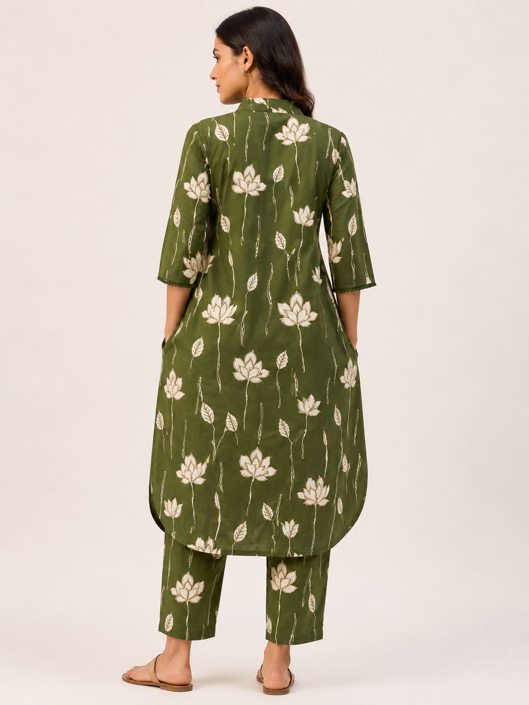 Women's Olive Green 3/4 Sleeve 2-Piece Kurti with Sequin Embroidered V-Neck