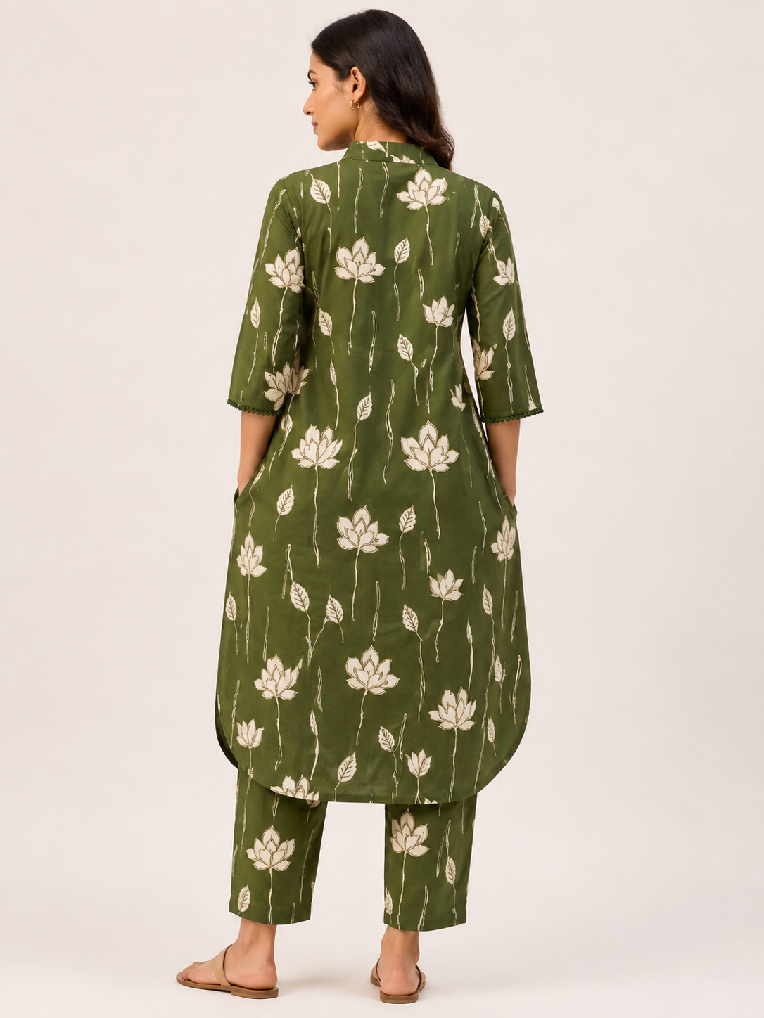 Women's Olive Green 3/4 Sleeve 2-Piece Kurti with Sequin Embroidered V-Neck