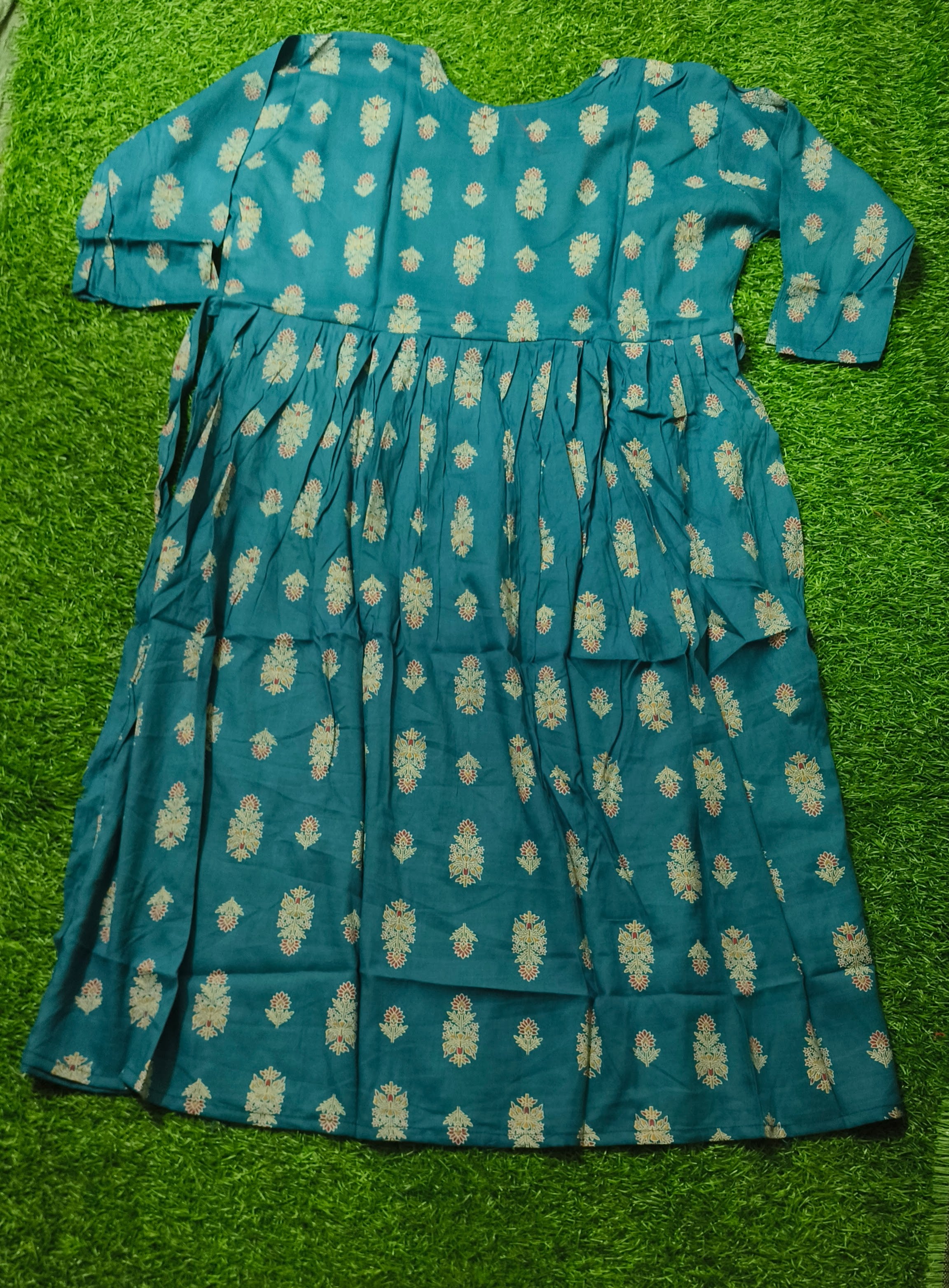 Elegant Teal Blue Printed Single Piece Kurti with Front Buttons and Waist Tie