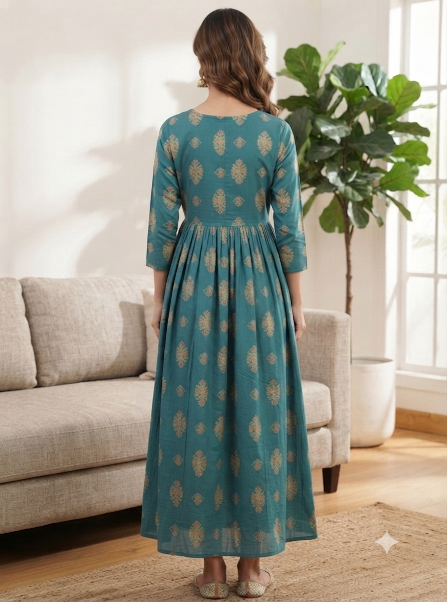 Elegant Teal Blue Printed Single Piece Kurti with Front Buttons and Waist Tie