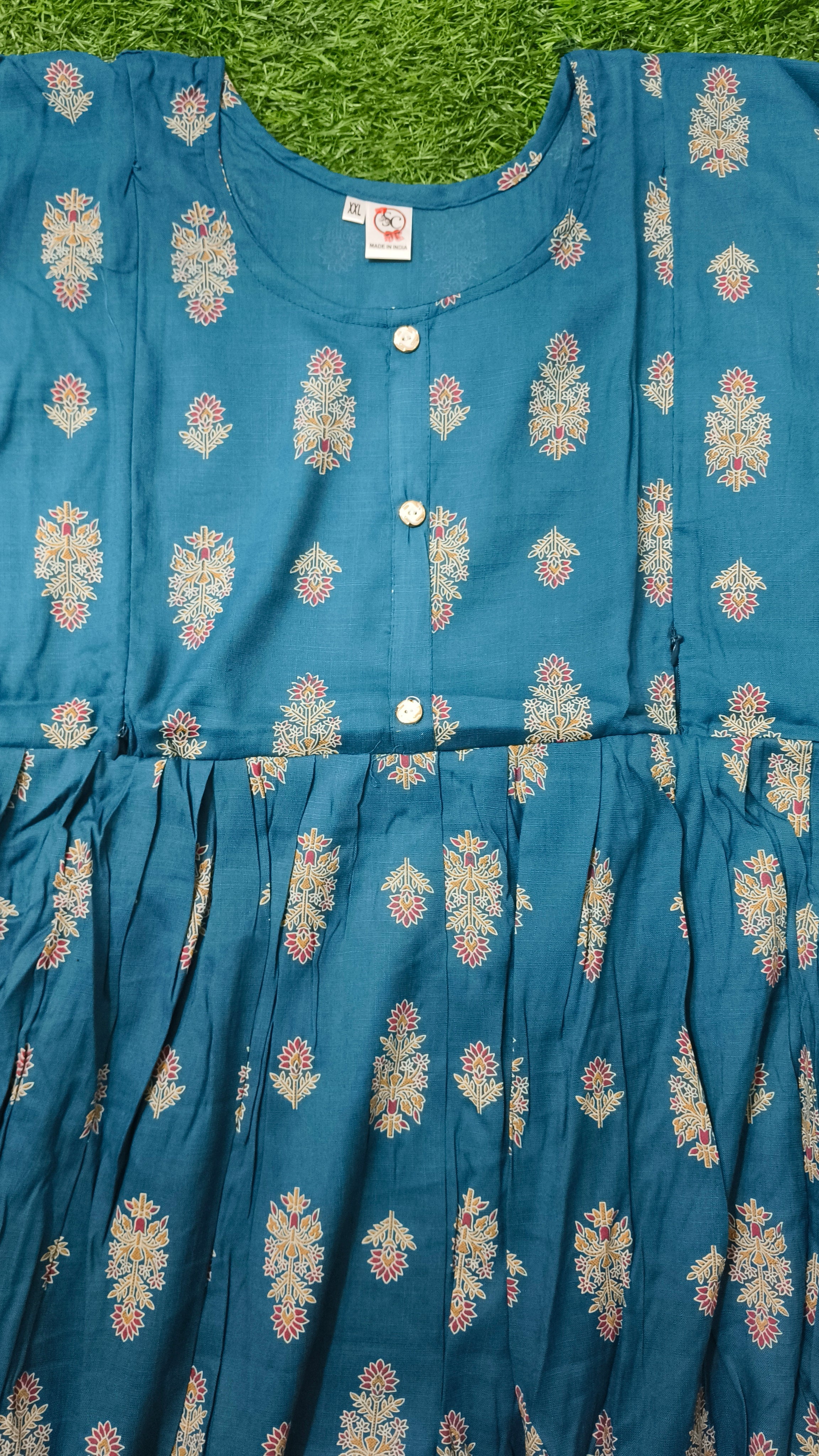 Elegant Teal Blue Printed Single Piece Kurti with Front Buttons and Waist Tie