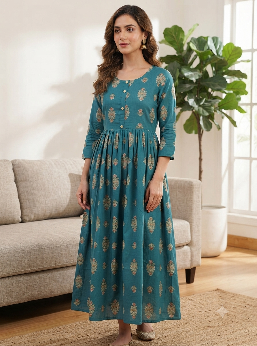 Elegant Teal Blue Printed Single Piece Kurti with Front Buttons and Waist Tie