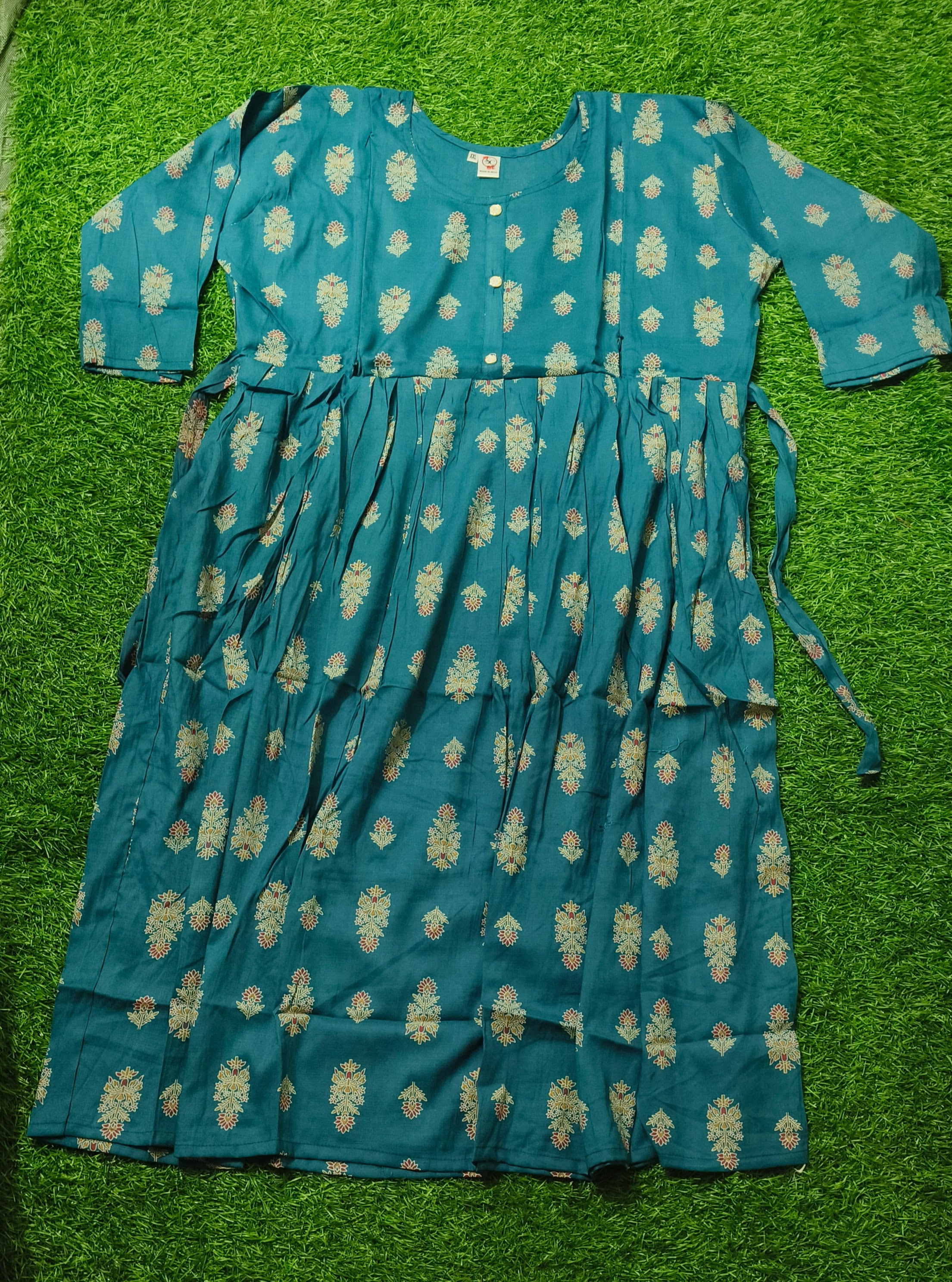 Elegant Teal Blue Printed Single Piece Kurti with Front Buttons and Waist Tie