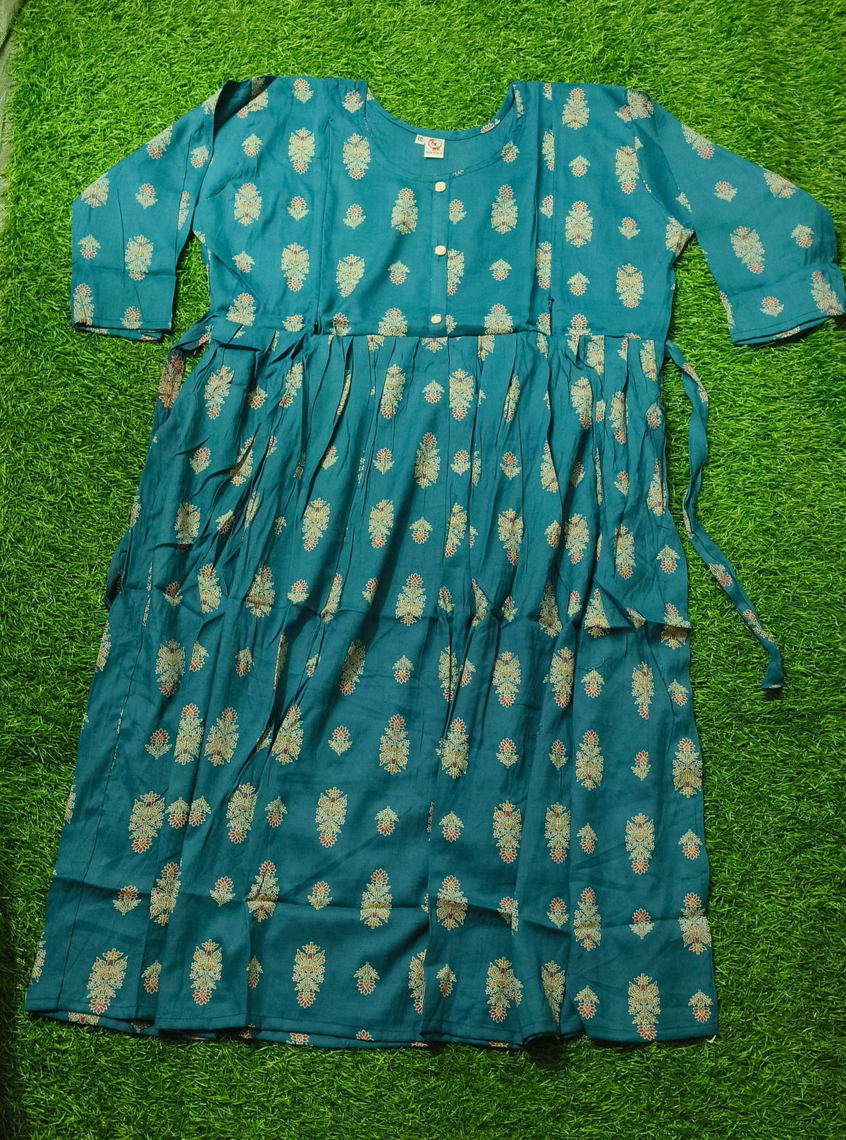 Elegant Teal Blue Printed Single Piece Kurti with Front Buttons and Waist Tie