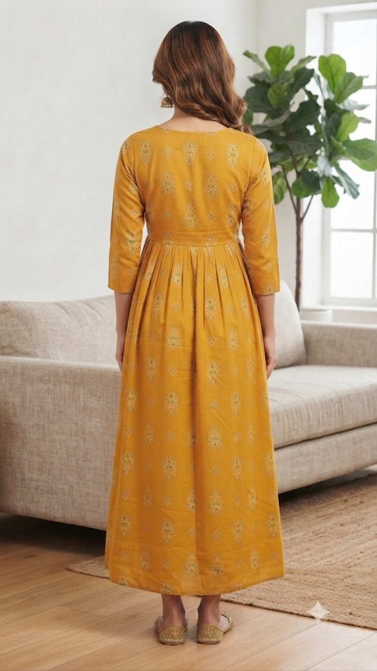 Elegant Mustard yellow Printed Single Piece Kurti with Front Buttons and Waist Tie