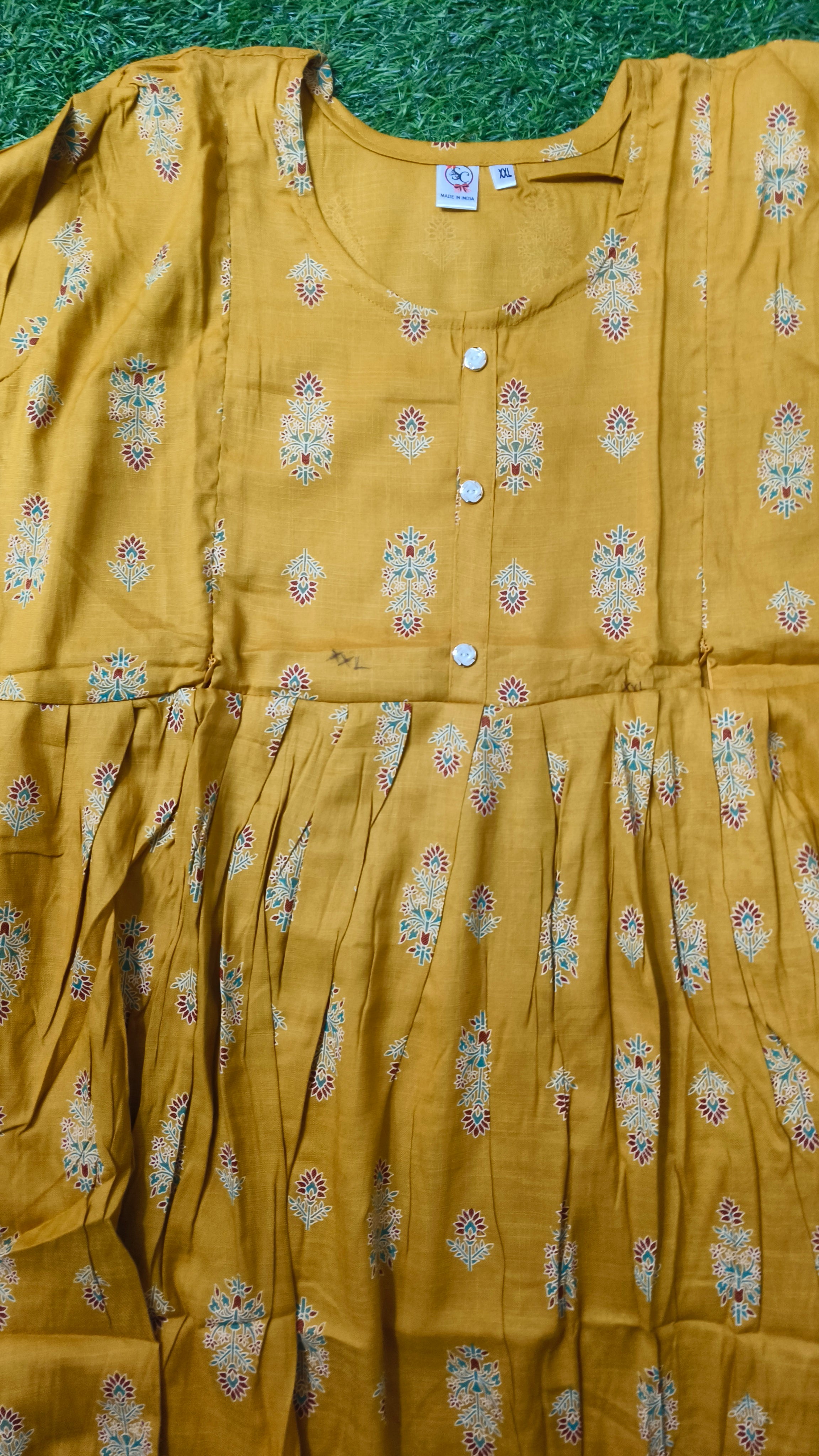 Elegant Mustard yellow Printed Single Piece Kurti with Front Buttons and Waist Tie
