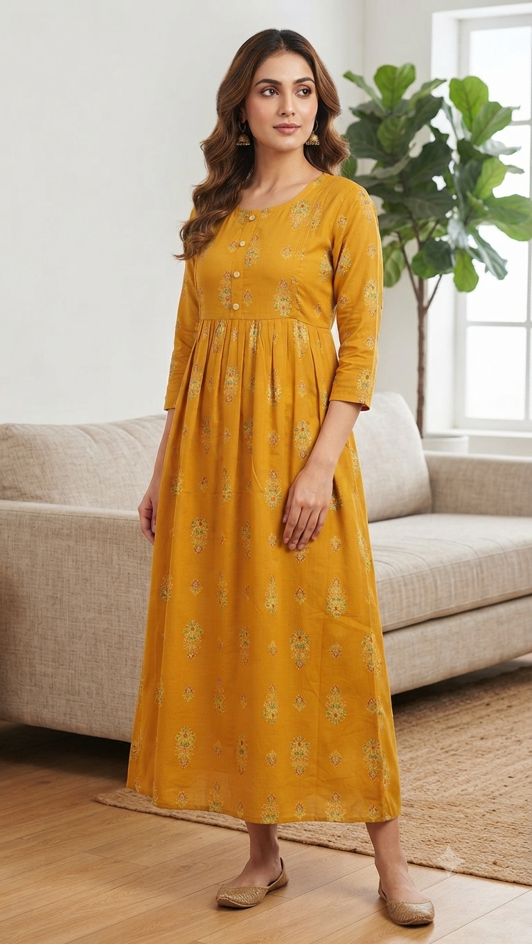 Elegant Mustard yellow Printed Single Piece Kurti with Front Buttons and Waist Tie