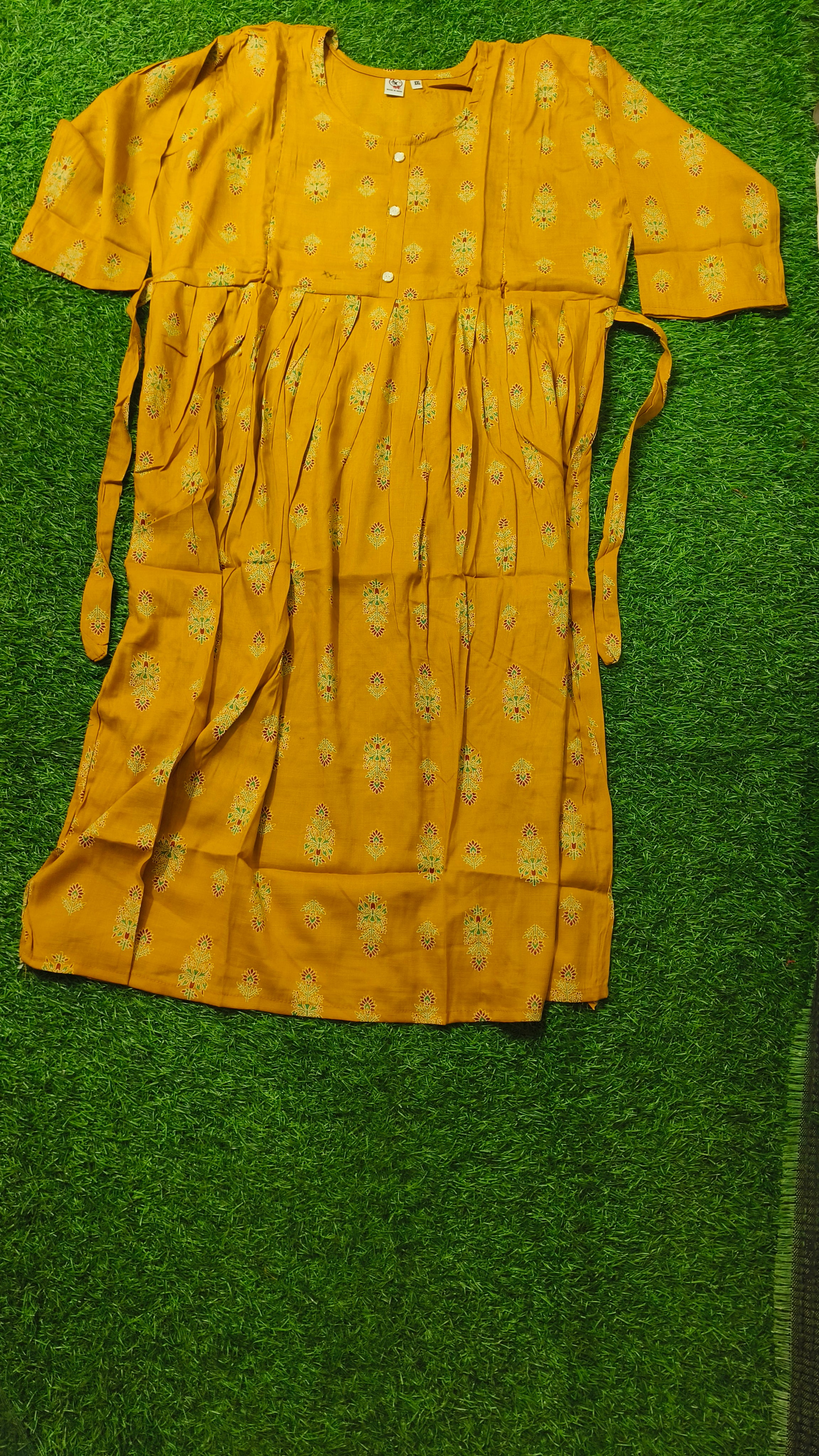 Elegant Mustard yellow Printed Single Piece Kurti with Front Buttons and Waist Tie