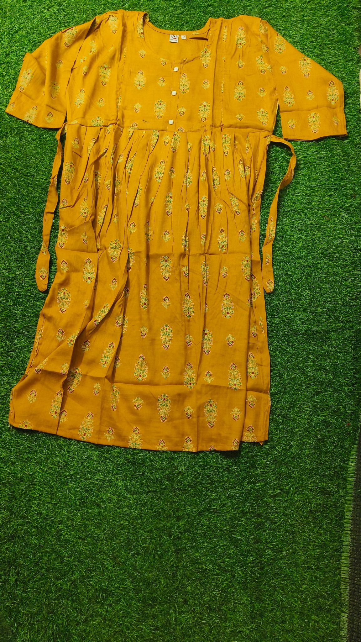 Heavy Two-Tone Print Mustard Yellow Rayon Feeding Kurti with Adjustable Waist Tie
