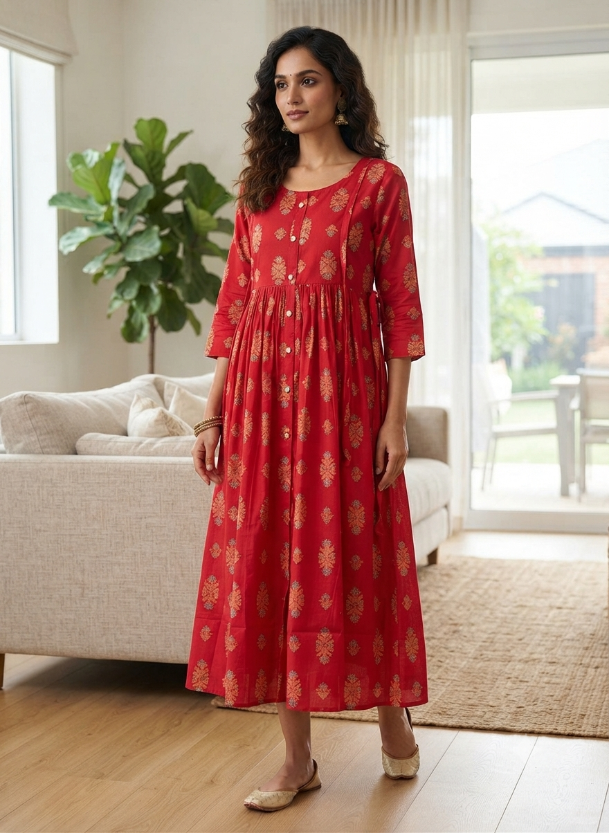 Elegant Dusty pink and Multi-colour Print Bandhani Print Single Piece Kurti with Front Buttons and Waist Tie