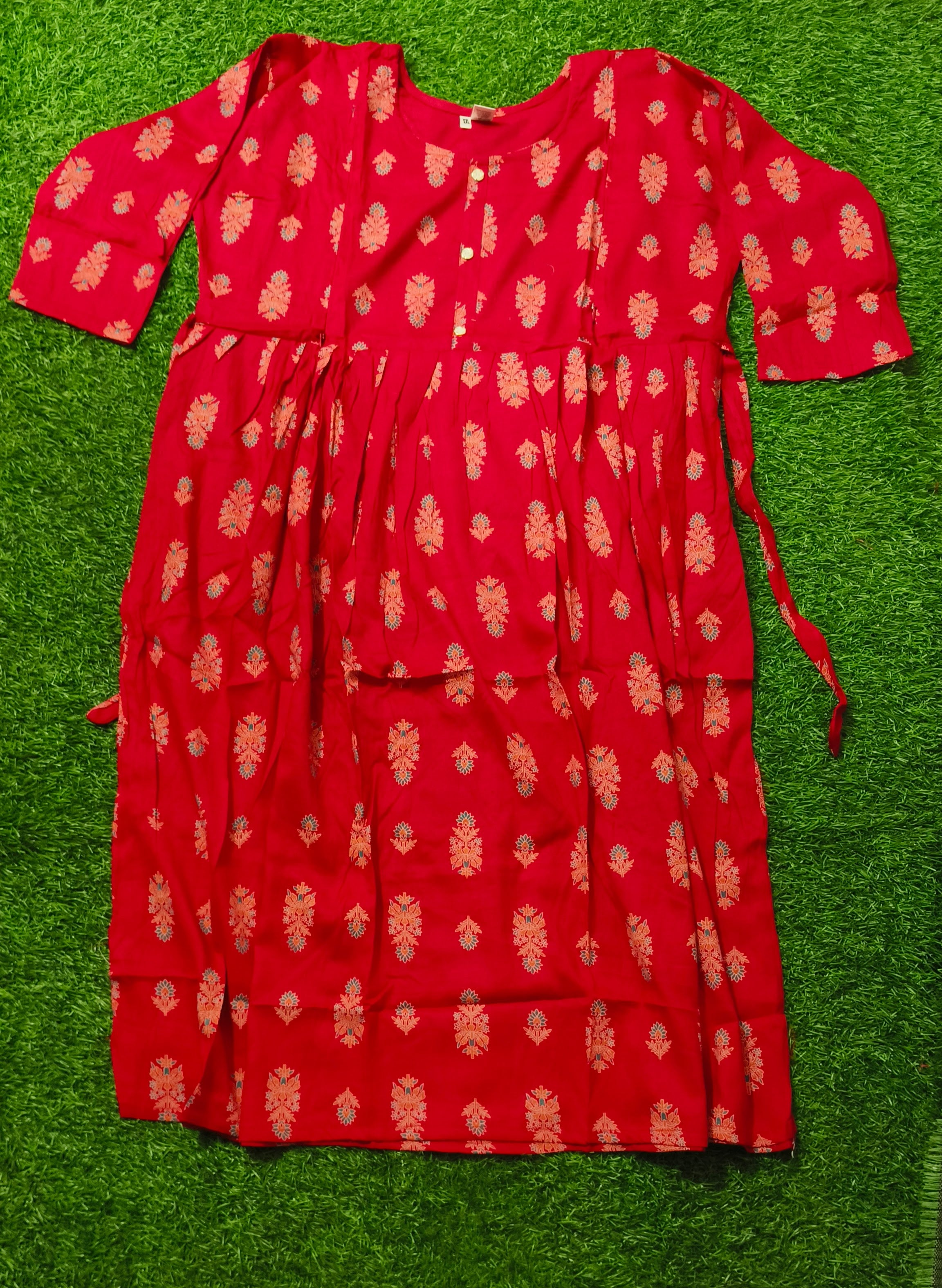 Elegant Dark pink Printed Single Piece Kurti with Front Buttons and Waist Tie