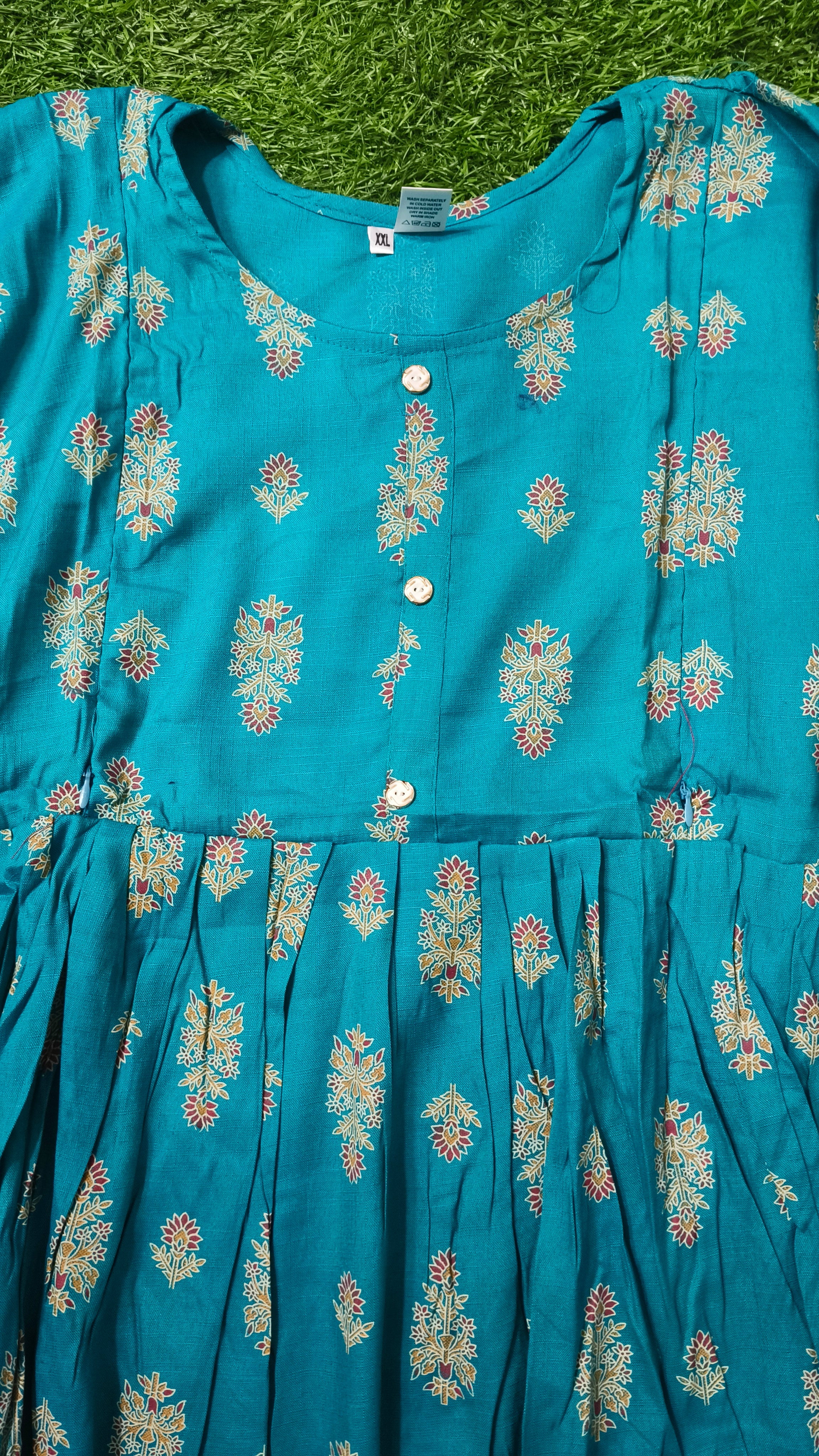 Elegant Green Printed Single Piece Kurti with Front Buttons and Waist Tie