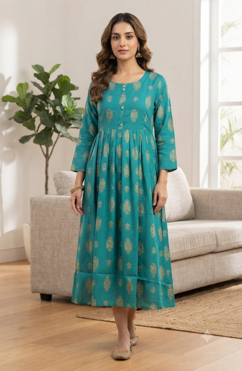 Elegant Green Printed Single Piece Kurti with Front Buttons and Waist Tie