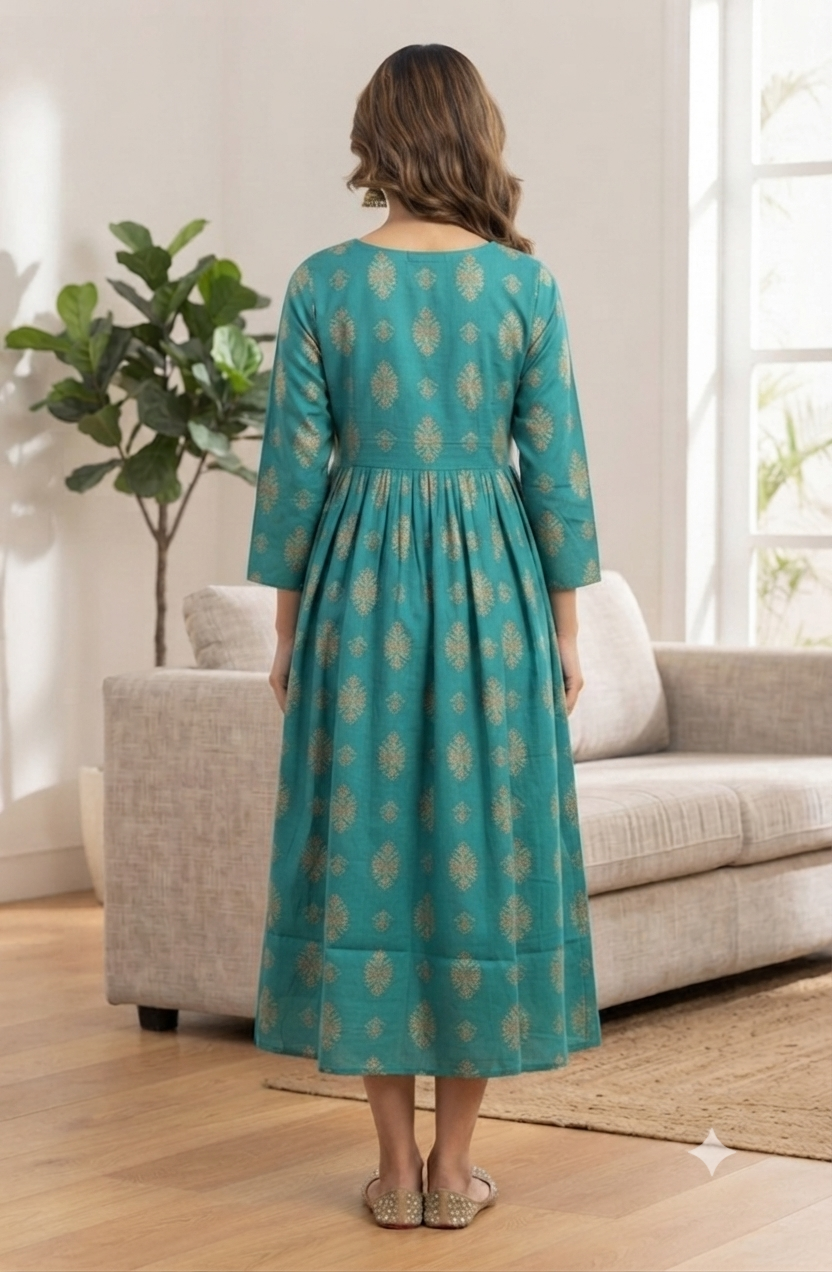 Elegant Green Printed Single Piece Kurti with Front Buttons and Waist Tie